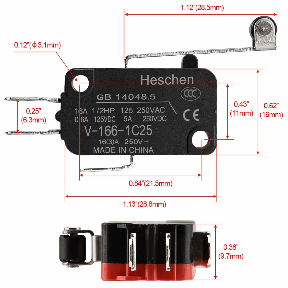 Heschen mikro przełącznik V-166-1C25 SPDT długa dźwignia rolkowa 16 A 250 V AC 5 szt.