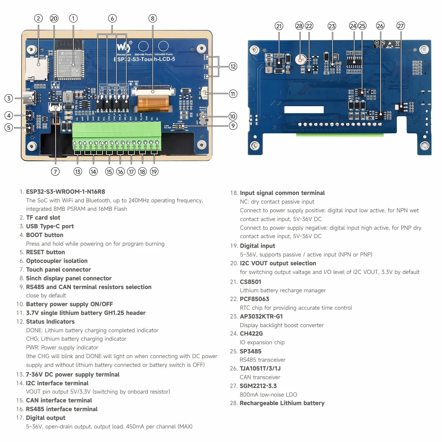 Waveshare ESP32-S3 5inch Capacitive 5Point Touch Display Development Board, 32Bit LX7 2-Core Processor 240MHz Support WiFi Onboard Antenna 800x480 160° Suitable for ESPHome/Home Assistant Project
