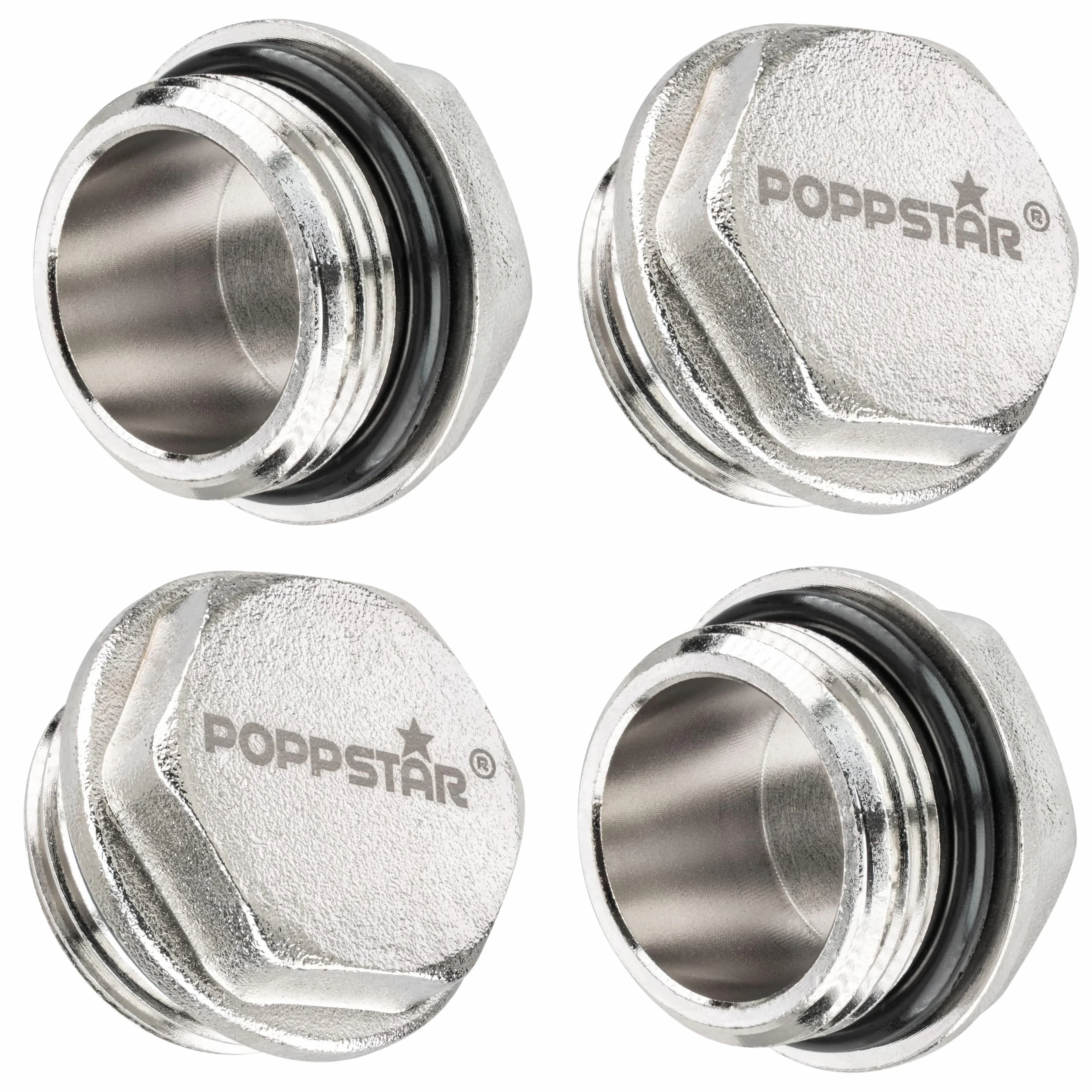 Poppstar Korki mosiężne (gwint zew.3/4" (32mm), maks. 50bar, sześciokąt 26mm) z samouszczelniającym gumowym pierścieniem 3/8", 4 sztuki