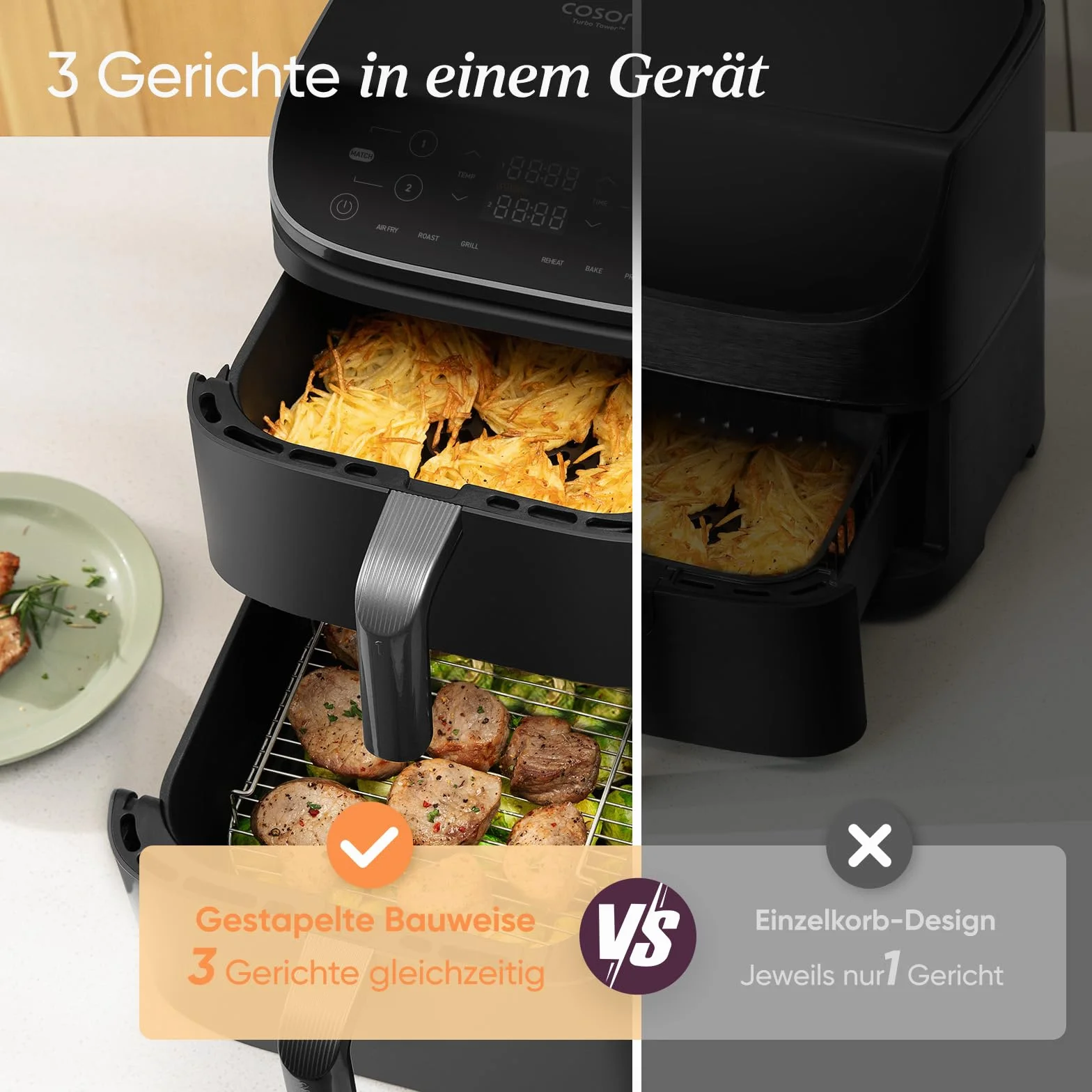 COSORI Turbo Tower frytkownica na gorące powietrze z 2 komorami, 10,8 l Double Stack Airfryer, oszczędza 41% powierzchni kuchennej, turbo przepływ powietrza dla chrupiących rezultatów, w zestawie