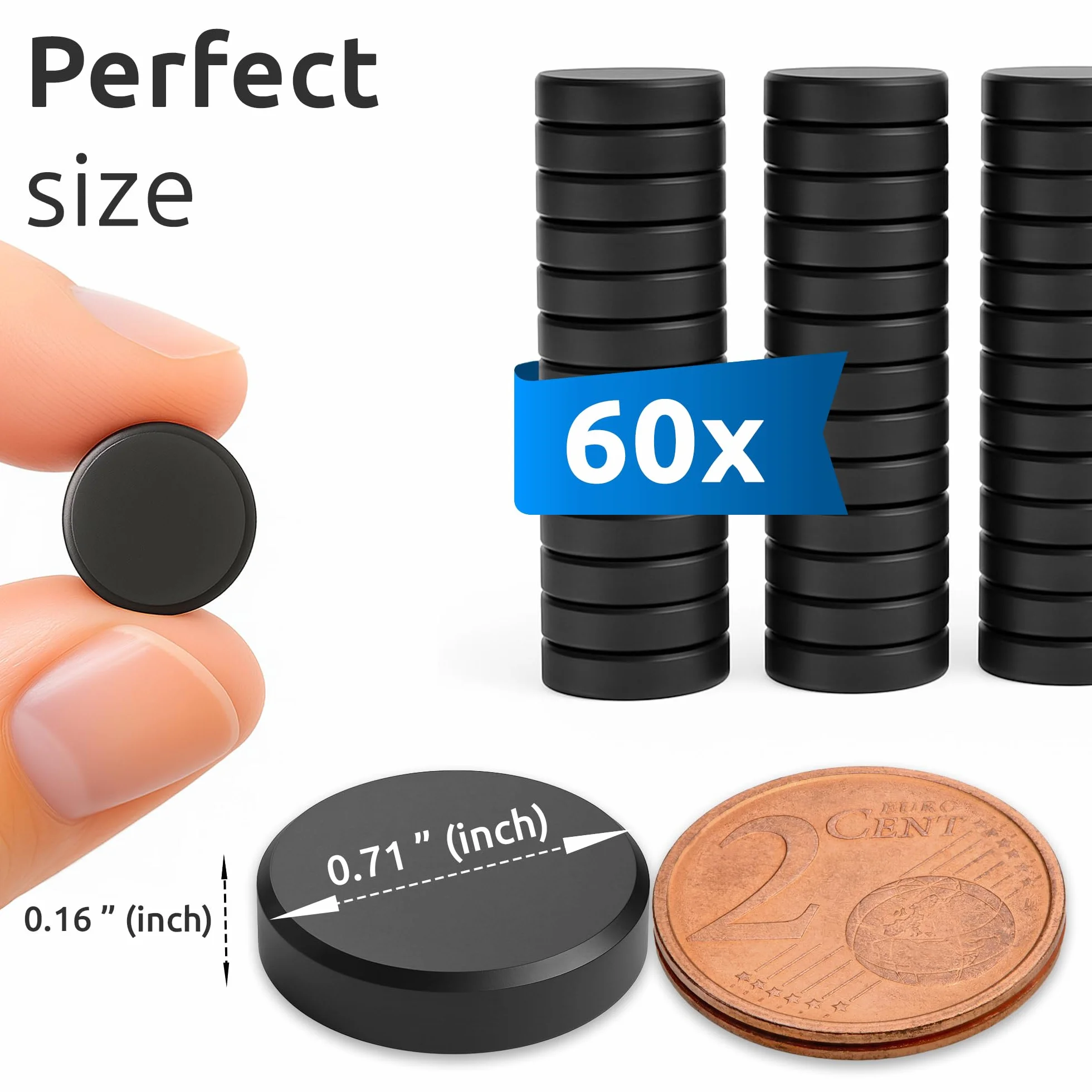 ECENCE Magnesy Ferrytowe, Mocne do Lodówek, D18x4mm, 60x do Tablicy Magnetycznej, Okrągłe w Tym Kropki Samoprzylepne