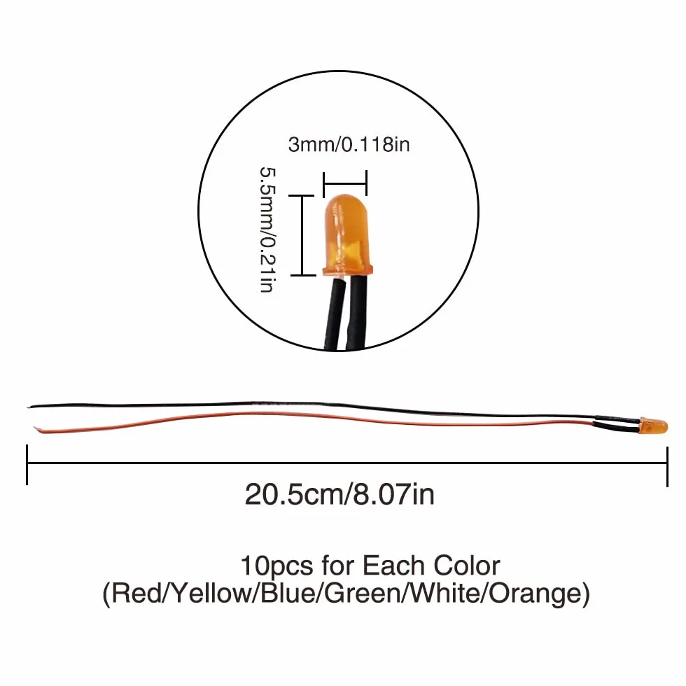 YIXISI 60 Sztuk 3mm Diody LED Light 6 Kolorów (Każdy Kolor 10 Sztuk) z Rozproszoną Kolorową Soczewką, Ultra Jasny 12V 20cm Wstępnie Okablowany, Pomarańczowy/Biały/Czerwony/Niebieski/Zielony/Żółty
