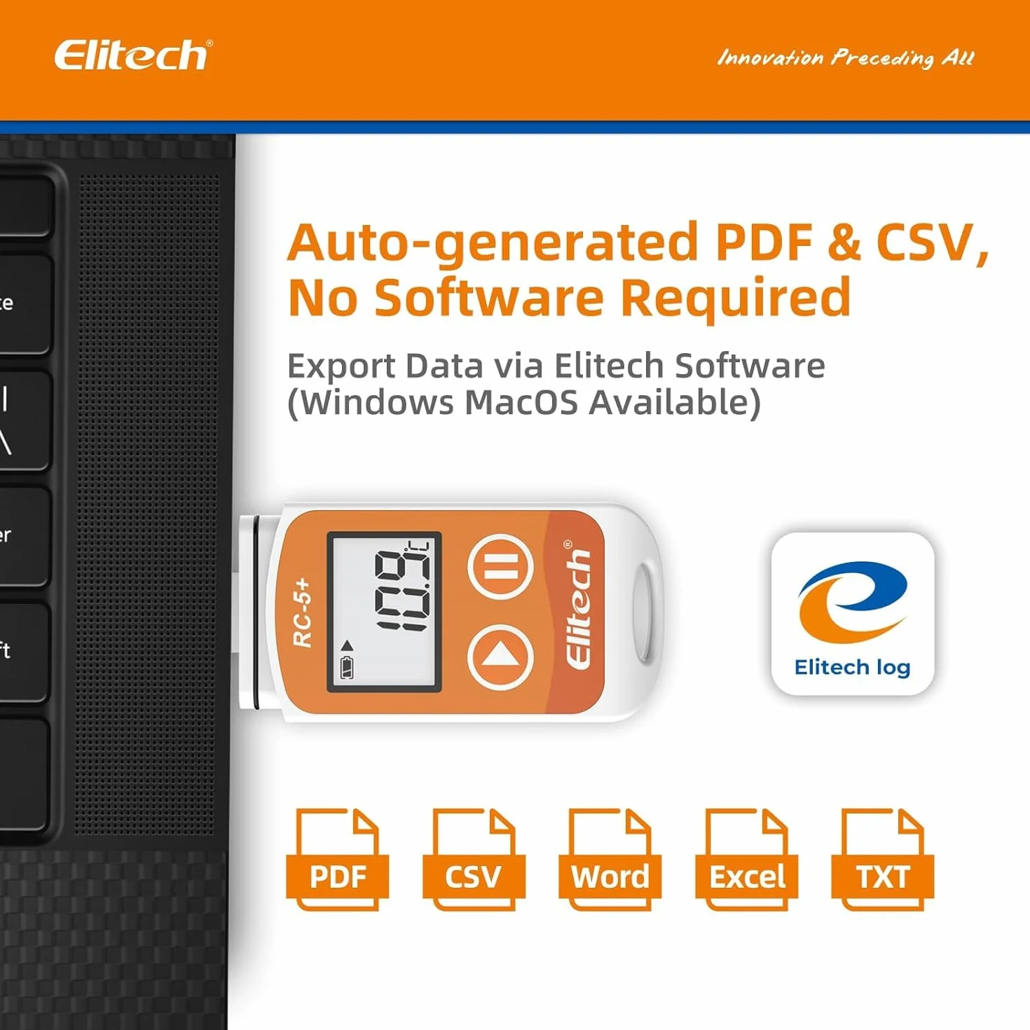 Elitech Rejestrator temperatury RC-5 +, rejestrator temperatury USB z automatycznym raportem PDF i CSV, wyświetlacz LCD rejestrator temperatury 32000 punktów do łańcucha chłodniczego