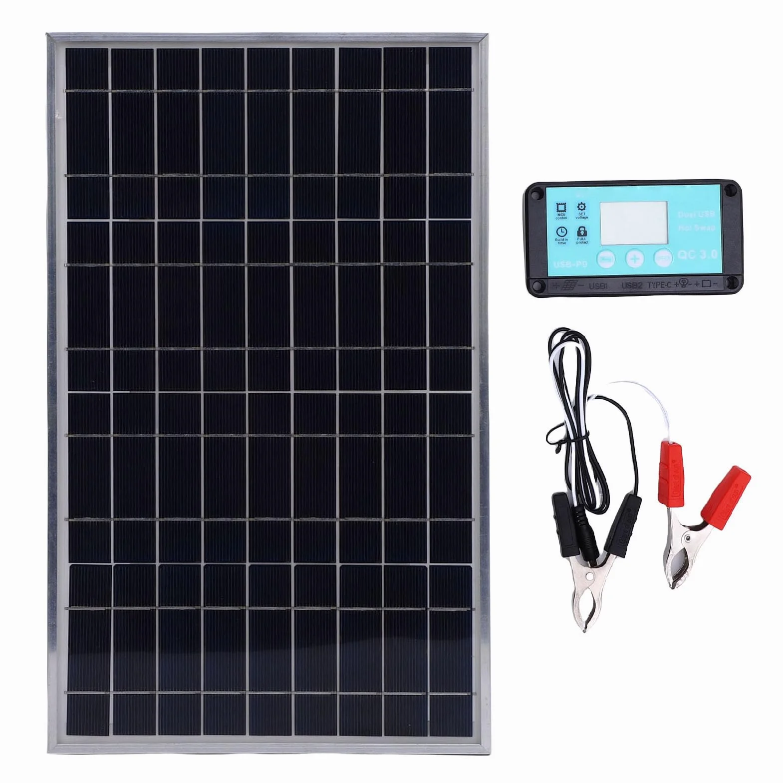 Fockety Zestaw Panel Słonecznych, 100W Monokrystaliczny Panel 12V 10-50A Słoneczny Kontroler z Klipsami Akumulatorowymi do RV, Kampera, światła Zewnętrzne, Karawana, Dom Motocyklowy