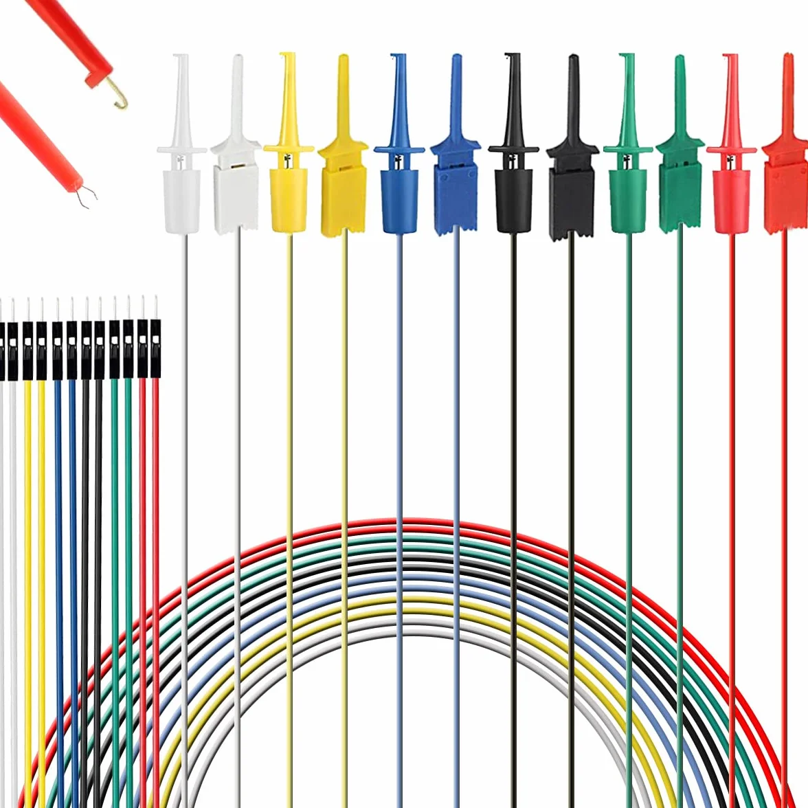 12PCS Test Hook Clip z głowicami męskimi Dupont (6PCS Test Hook i 6PCS Test Clip) do testowania elektrycznego 6 kolorów 20cm