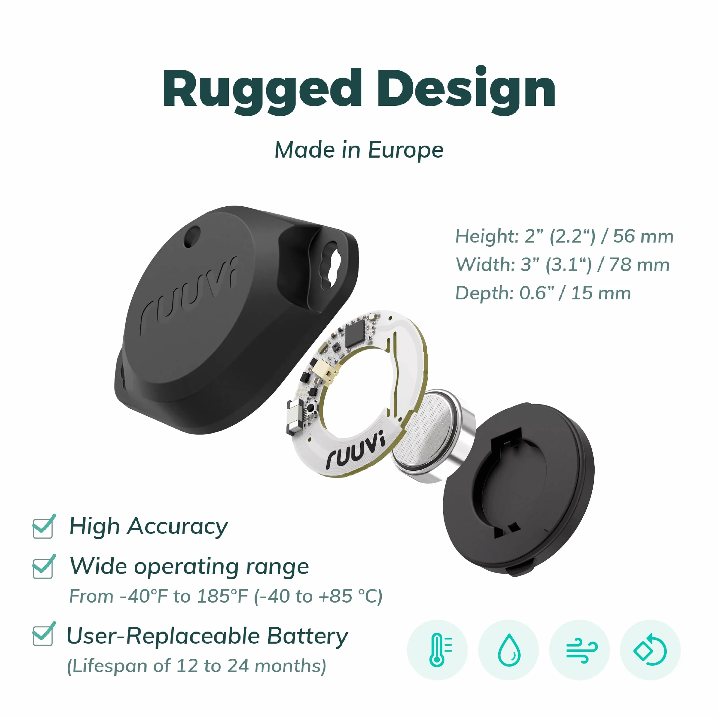 Ruuvi Tag Pro 4w1 bezprzewodowa temperatura Bluetooth (°C/°F), wilgotność powietrza i ciśnienie powietrza. Alerty i historia. Darmowe aplikacje na Android/iOS. Integracja z Victron, Homey i Home
