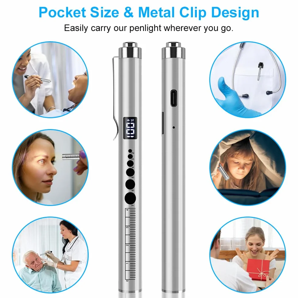 Flintronic Upillenleuchte Medizin, 1 sztuka Lampa diagnostyczna z wyświetlaczem cyfrowym, urządzenie do pomiaru źrenic i linijka, ładowana przez USB, latarka LED do oczu dla pielęgniarek i studentów