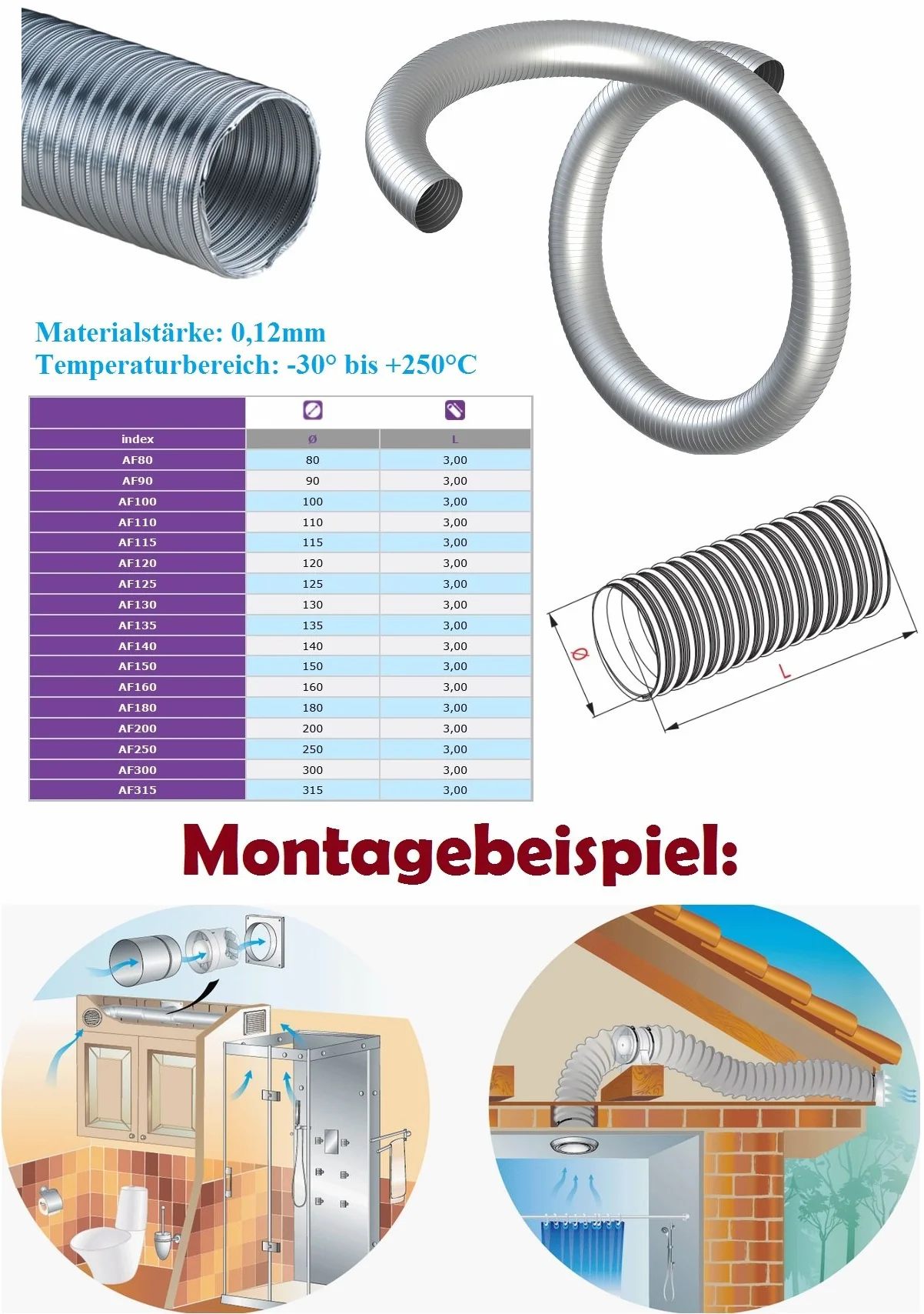 Rura aluminiowa Flex 2,60 m rura elastyczna Ø 100 mm 100 mm rura aluminiowa wąż elastyczny wąż aluminiowy rura aluminiowa Aluflex odporna na wysokie temperatury AF