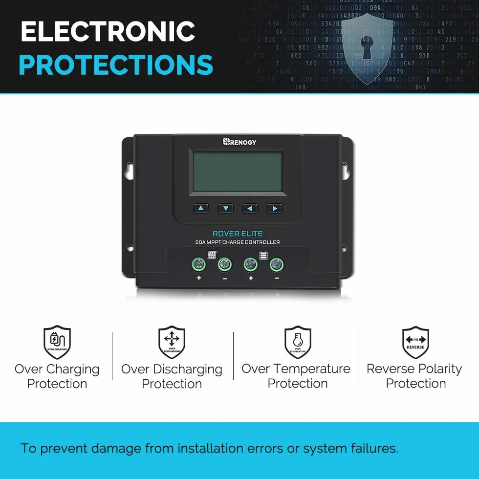 Renogy 20 A 12 V/24 V automatyczny regulator ładowania słonecznego MPPT z podświetlanym wyświetlaczem LCD z czujnikiem temperatury, pasuje do żelowych zalanych baterii i litowych, Rover Elite 20A