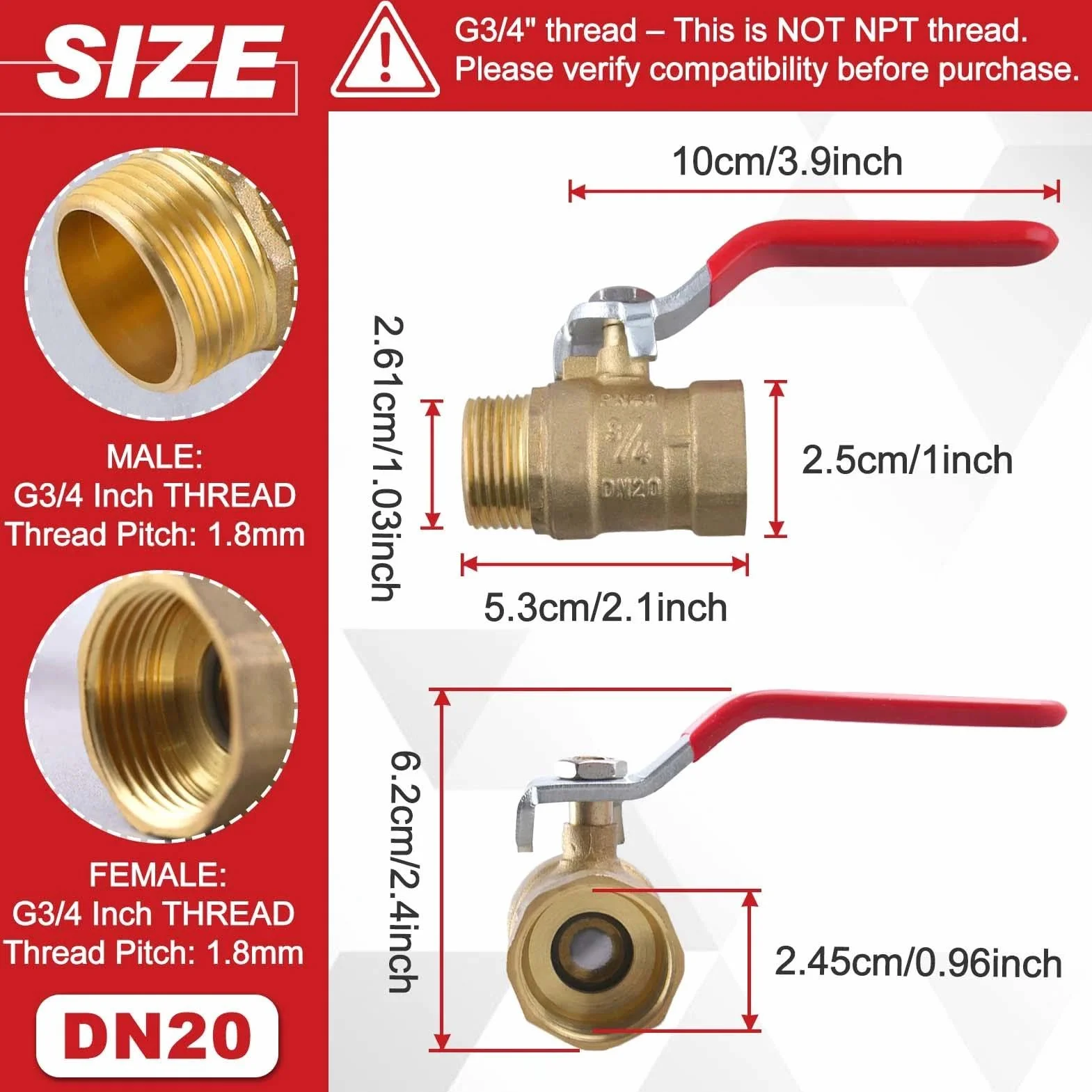 LEONTOOL Mosiężny zawór kulowy G3/10.2 cm gwint męski x żeński, przełącznik odcinający zawór kulowy o dużej wytrzymałości z uchwytem dźwigniowym, bez mosiężnego montażu, 300WOG (woda, olej i gaz