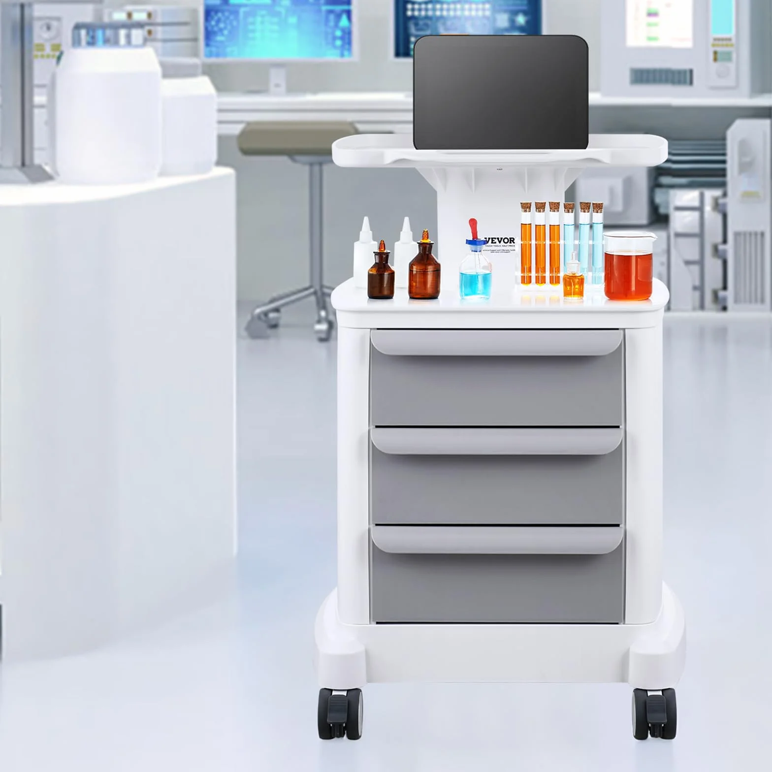 VEVOR Wózek laboratoryjny z 4 poziomami, mobilny wózek medyczny z 3 szufladami i 1 górną półką, wózek pielęgnacyjny z materiałem ABS, 4 ciche koła, do laboratorium, kliniki, szpitala, salonu