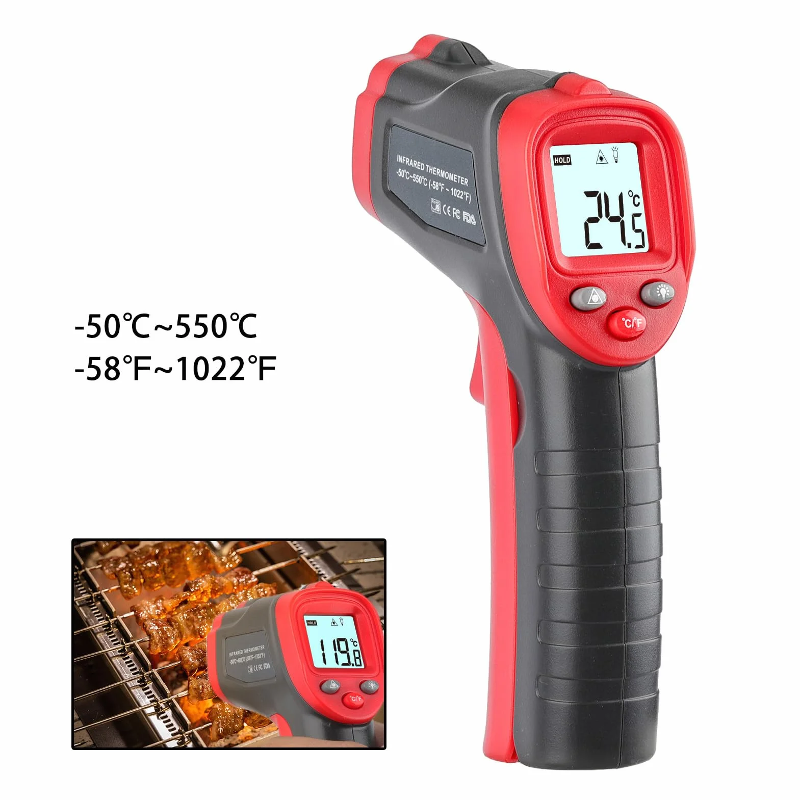 Pistolet do Pomiaru Temperatury na podczerwień, -50 ℃ ~ 550 ℃ (-58 ℉ ~ 1022 ℉), Laserowy Czytnik Temperatury Powierzchni, Ręczny Pistolet do Pomiaru Temperatury do Gotowania