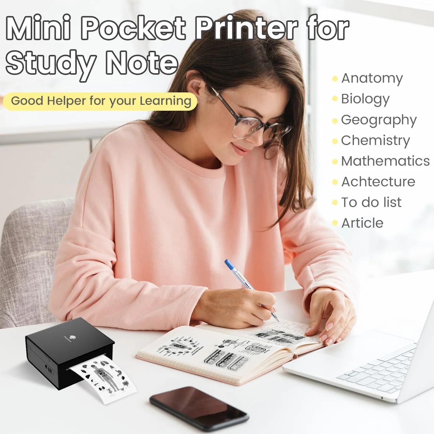 Phomemo M02 Mini drukarka z 1 rolkami etykiet, drukarka kieszonkowa do smartfona, drukarka Bluetooth, drukarka termiczna do nauki, notatek, obrazów, zdjęć, pamiętników