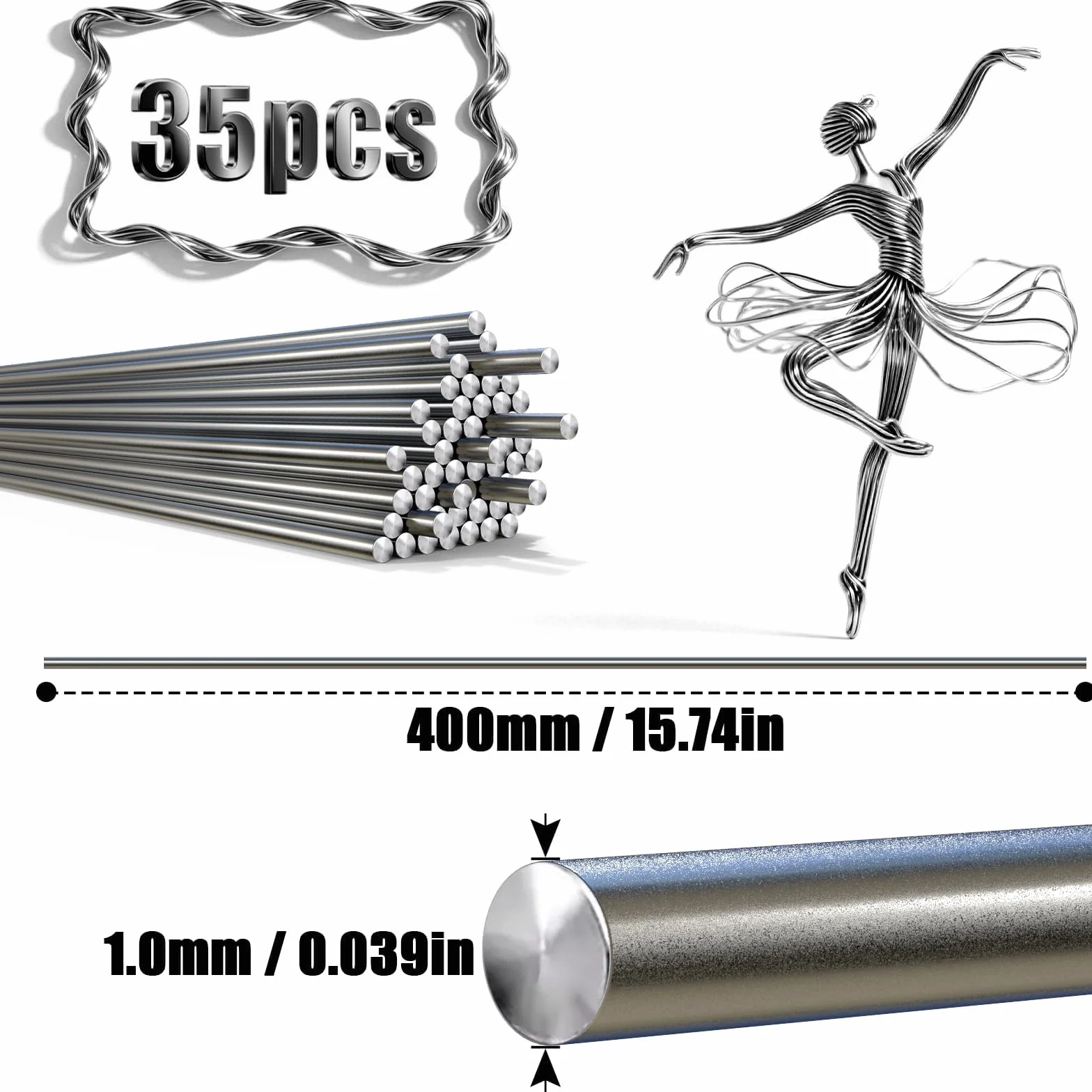 35 sztuk drutów ze stali sprężynowej, drut ze stali nierdzewnej, metalowe pręty 1,0 mm x 400 mm, metalowy pręt ze stali nierdzewnej, pręt sprężynowy, okrągły pręt ze stali nierdzewnej, okrągłe pręty