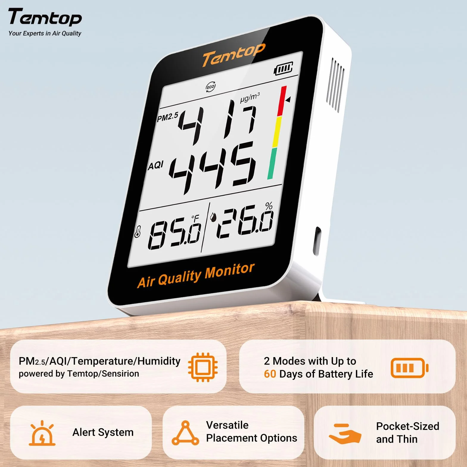 Temtop Monitor jakości powietrza PM2.5 wewnętrzny cyfrowy higrometr termometr monitor wilgotności do domowego biura sypialni salonu S1 up