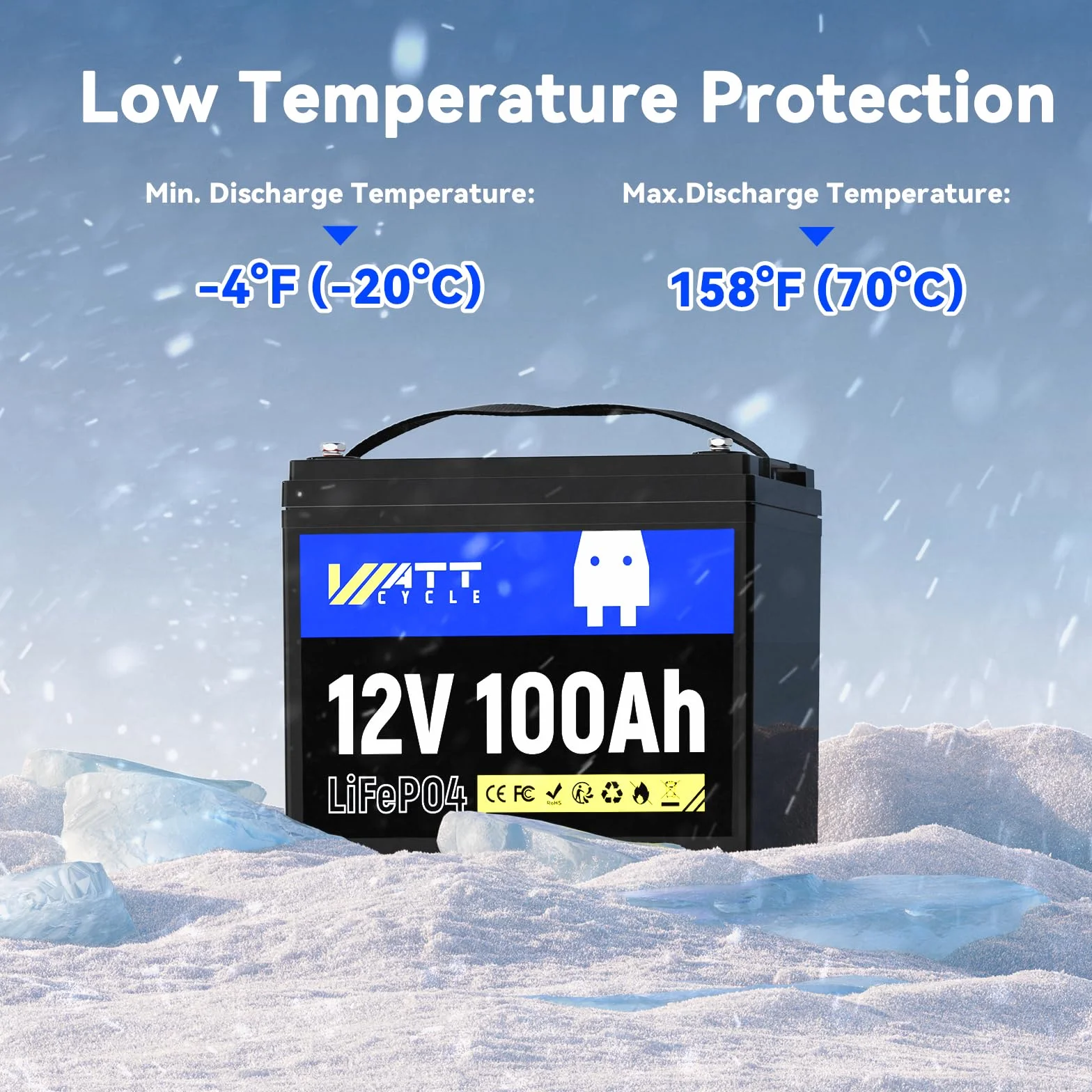 Wattcycle 12V 100Ah LiFePO4 Akumulator Litowy BMS 100A Ochrona Niskiej Temperatury 15000 Cykli