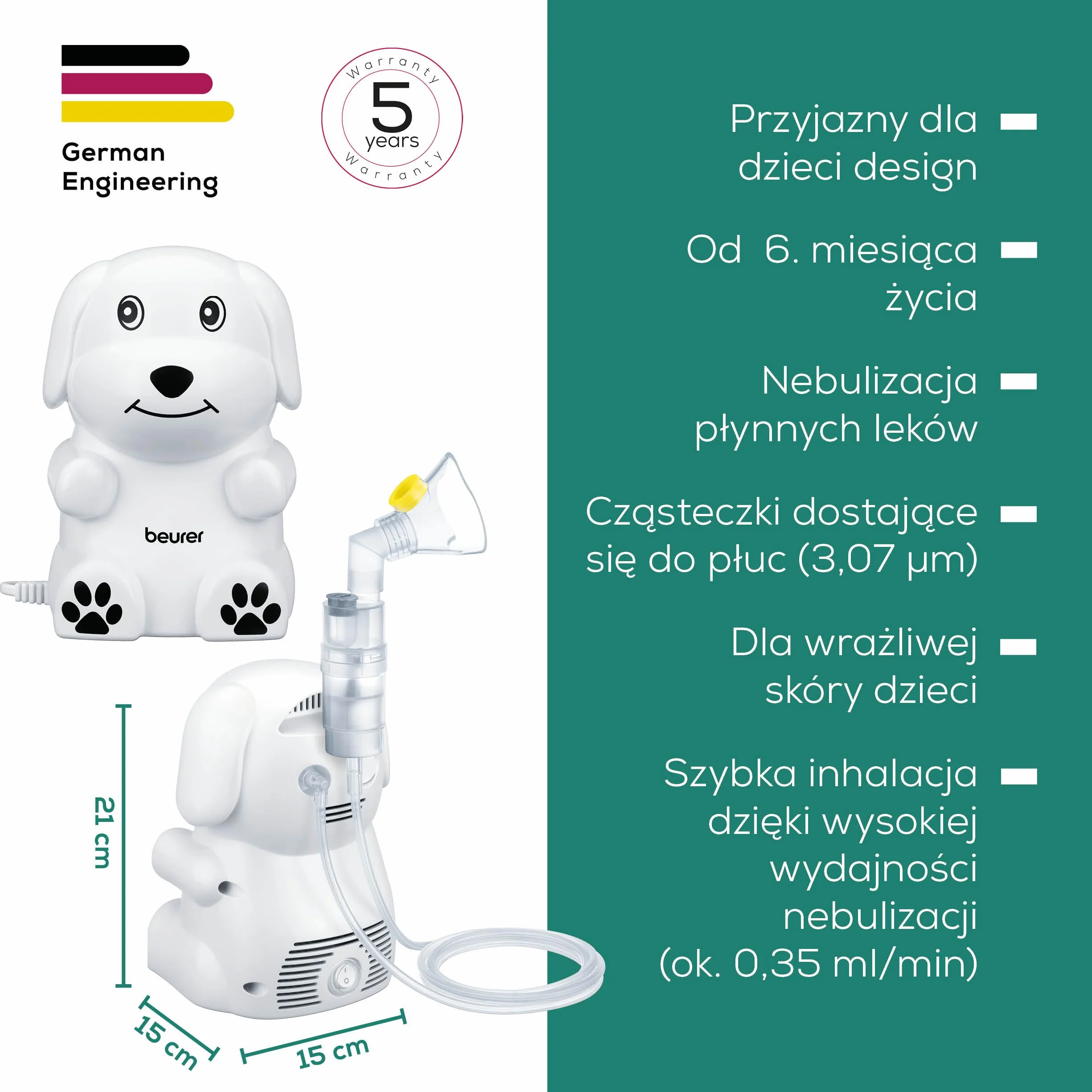 Beurer IH 24 Kids inhalator z przyjazną dla dziecka konstrukcją do nebulizacji płynnych leków, od 6 miesięcy, wysoka wydajność nebulizacji i krótki czas inhalacji, silikonowa maska dla wrażliwej skóry