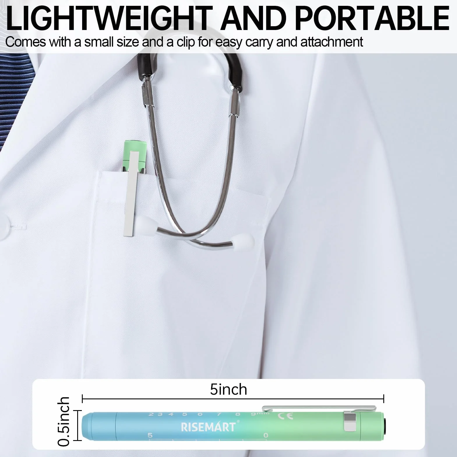 RISEMART Lampa źrenicy, lampa diagnostyczna z miernikiem źrenic i linijką, ciepła/zimna biel, ładowana przez USB LED lampa długopisowa dla pielęgniarek, możliwość ponownego ładowania (gradient