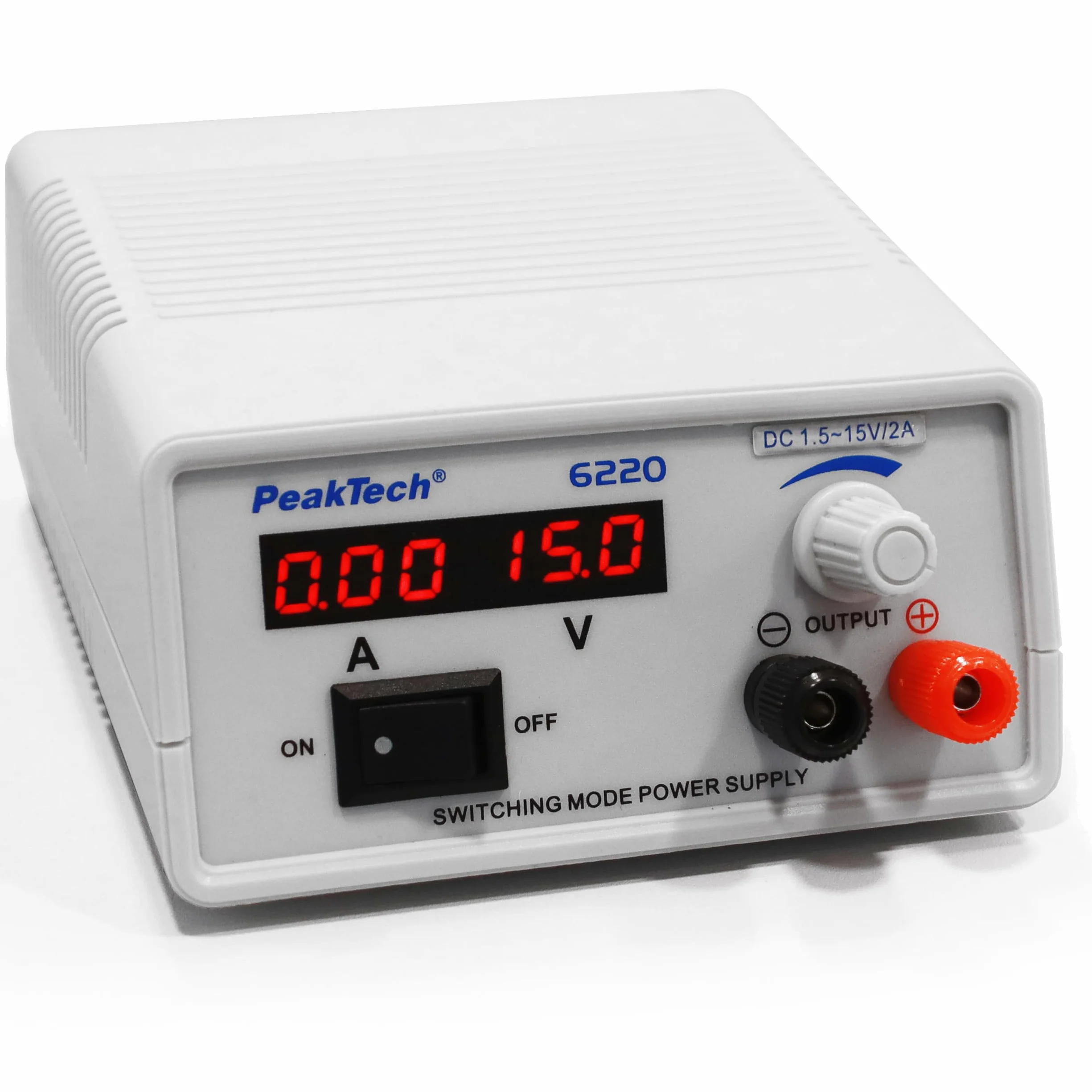 PeakTech 6220 Mini DC Zasilacz Impulsowy Regulowany 1,5-15 V / 2 A Laboratoryjny z Wyświetlaczem LED