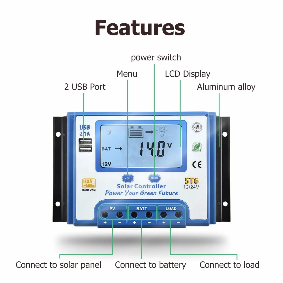 SolaMr 60A Solar Charge Controller 12V/24V Intelligent Regulator z wyświetlaczem LCD i podwójnym portem USB dla baterii panelu słonecznego - ST6-60A