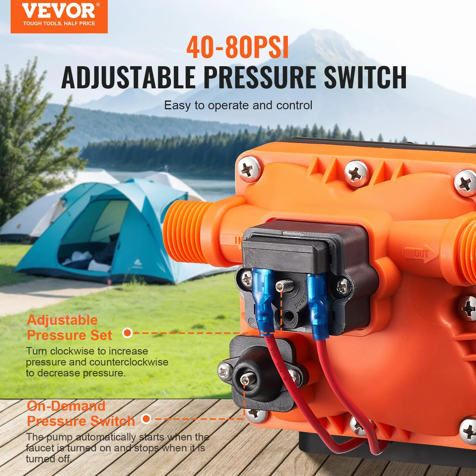 VEVOR Pompa membranowa 12 V, 3 GPM 11,36 l/min, 4-komorowa pompa wodna 12 V DC z automatycznym wyłącznikiem ciśnienia 40 – 100 PSI, 55 PSI, port MNPT do kamperów, jachtów, kamperów, kamperów, łodzi