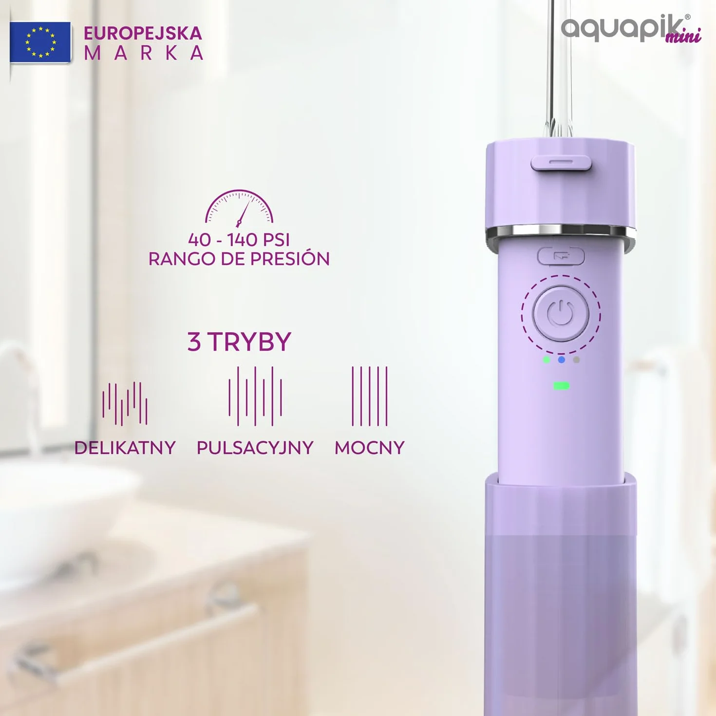 Aquapik Mini przenośny irygator dentystyczny. 3 tryby użytkowania, wodoodporny IPX7, 4 dysze w zestawie, akumulator i kompaktowy, idealny w podróży, polecany przez dentystów dla całej rodziny