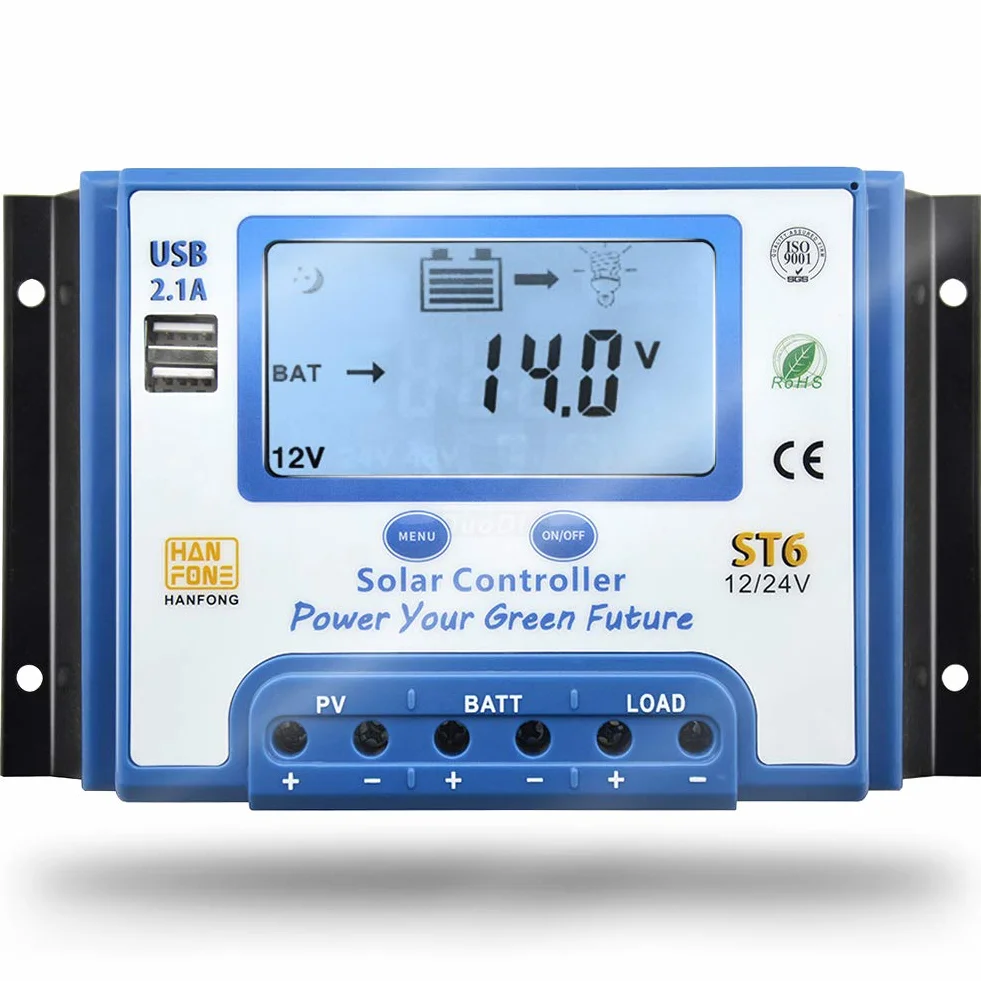 SolaMr 60A Solar Charge Controller 12V/24V Intelligent Regulator z wyświetlaczem LCD i podwójnym portem USB dla baterii panelu słonecznego - ST6-60A