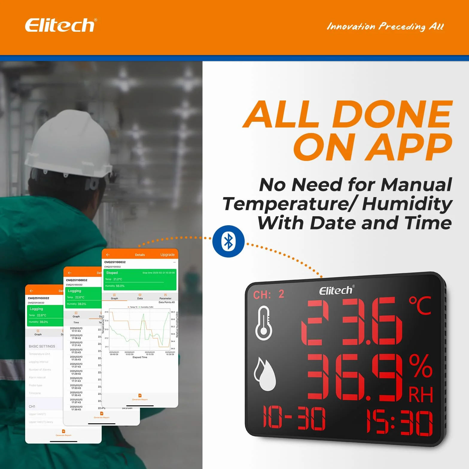 Elitech Cyfrowy termometr z higrometrem DR-230-THDE z podwójną sondą zewnętrzną 2x2m, rejestrator Bluetooth 30000 punktów, duży ekran