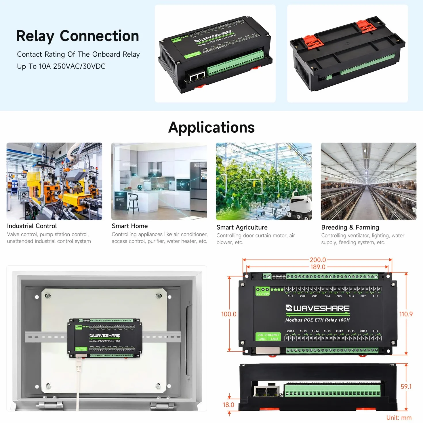 Waveshare 16-Ch Ethernet Relay Module Modbus RTU/TCP PoE Industrial Rail-Mount