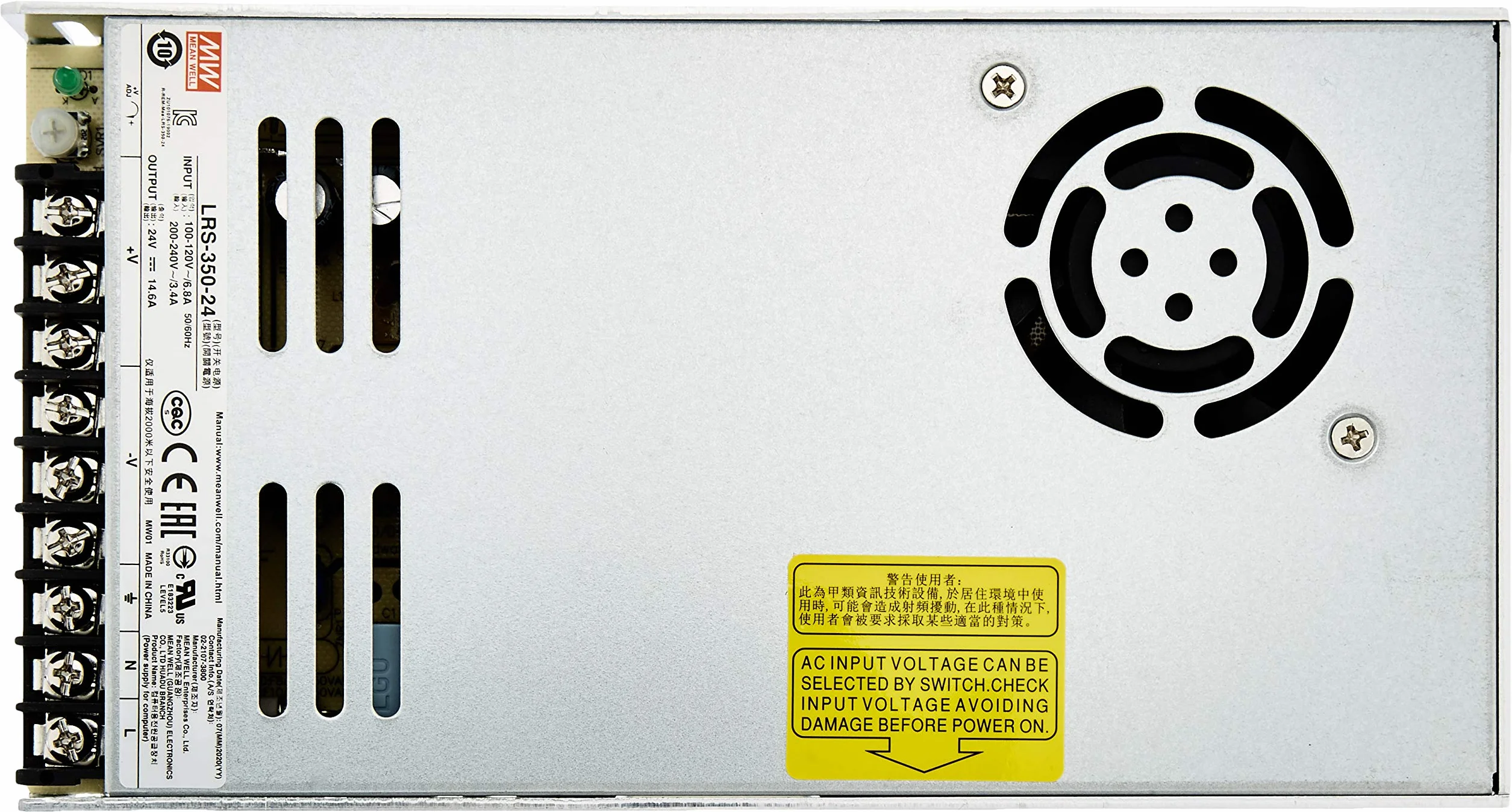Meanwell Przełączany zasilacz, zamknięta konstrukcja, 1 wyjście, VIN = 180-264 VAC, VDC = 240-370 V, 24 V, 350 W