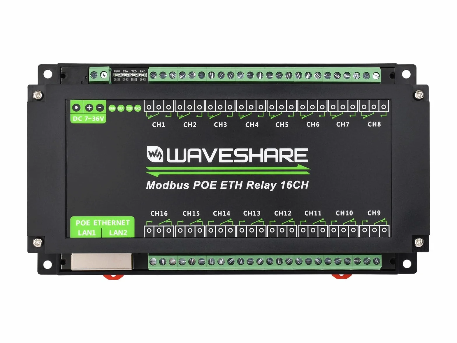 Waveshare 16-Ch Ethernet Relay Module Modbus RTU/TCP PoE Industrial Rail-Mount