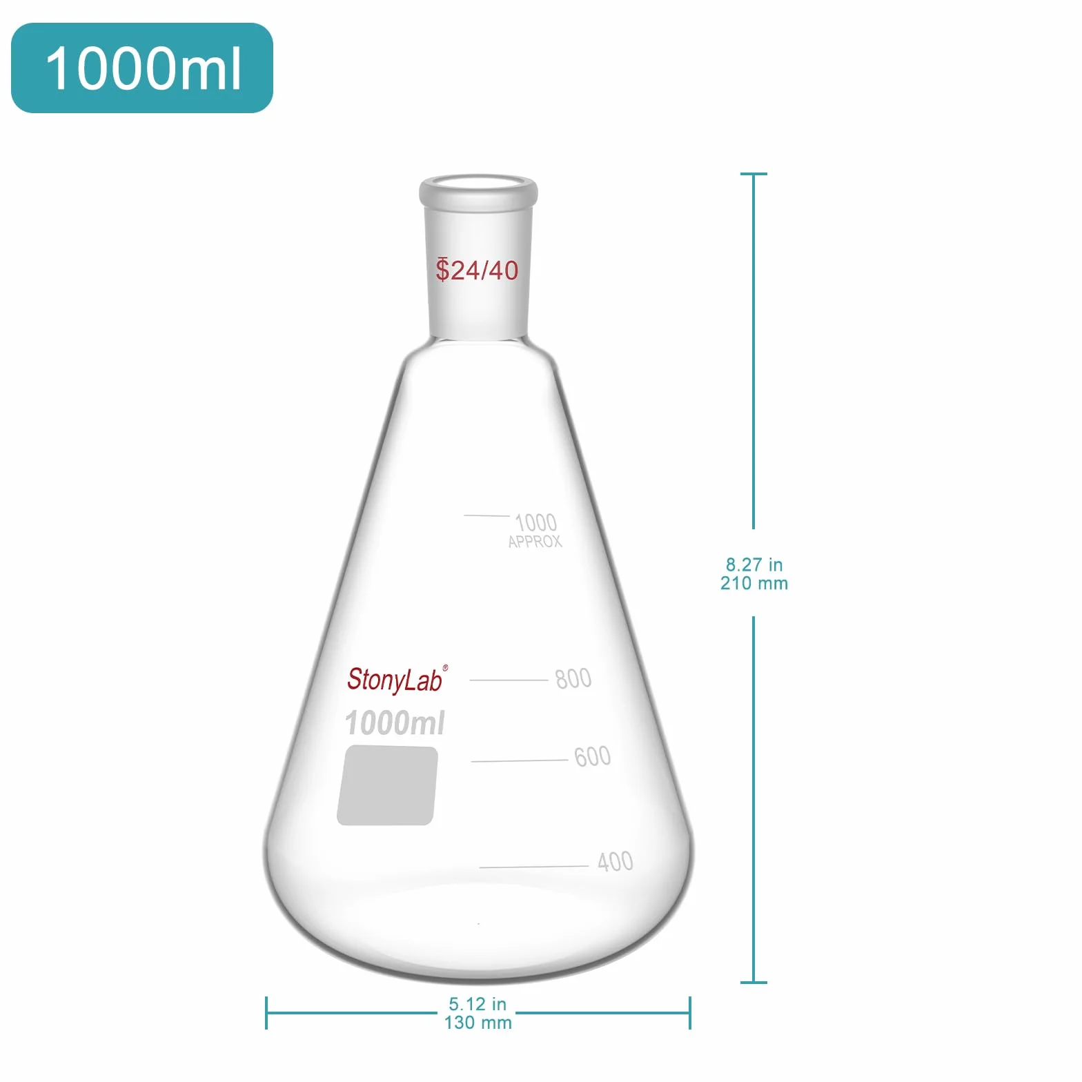 Matraz Erlenmeyer de Cristal 24/40 1L, Frasco de Laboratorio de Vidrio de Borosilicato con Junta Cónica