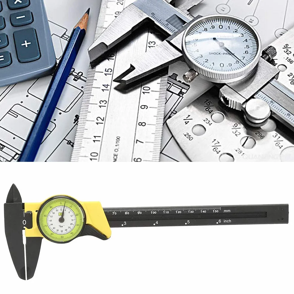 150mm z Tworzywa Sztucznego Dial Vernier, Analogowa Farba Zapadkowa Yctze Vernier Caliper Miernik Narzędzie do Pomiaru z Tworzywa Sztucznego Trwała Tarcza Szybko (żółty (imperialny))