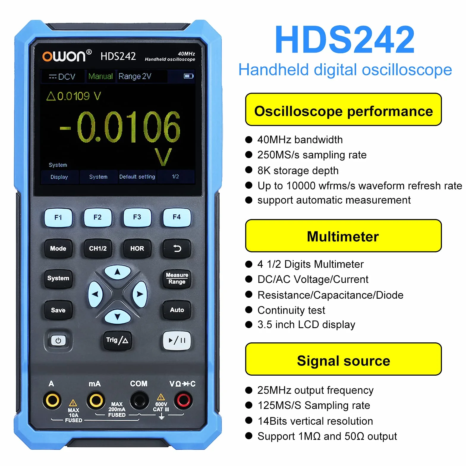 OWON HDS242 Przenośny Cyfrowy Oscyloskop Multimetr 2CH USB Typ C 40MHz 3.5 LCD Test Metr