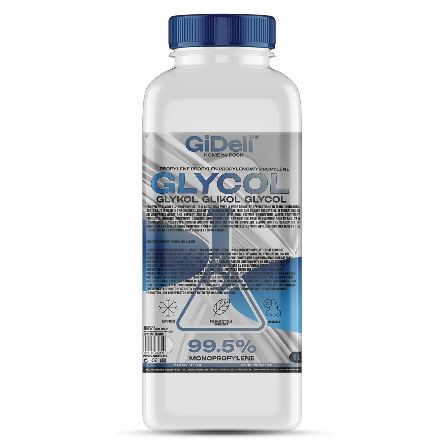 GiDeli Glikol propylenowy 99,5% 1 l glikol monopropylenowy (PG) rozpuszczalnik do kosmetyków, farmaceutyków, chemii, przemysłu, laboratoriów i zastosowań technicznych