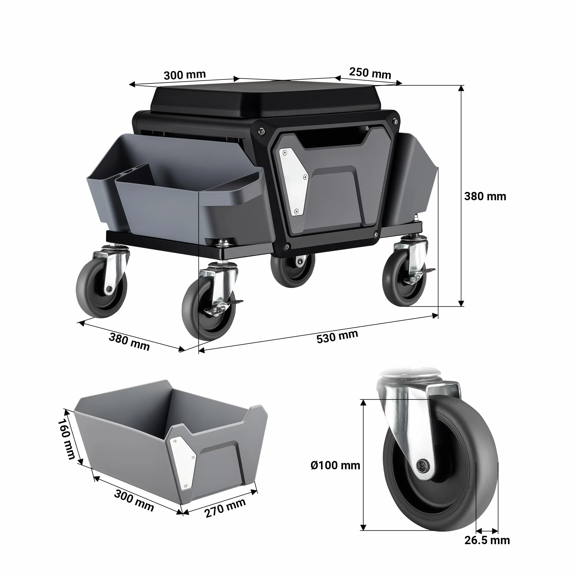 Wiltec Taboret warsztatowy do 120kg z dwoma pojemnikami i szufladą na narzędzia 53 x 38 x 38 cm do prac w warsztacie