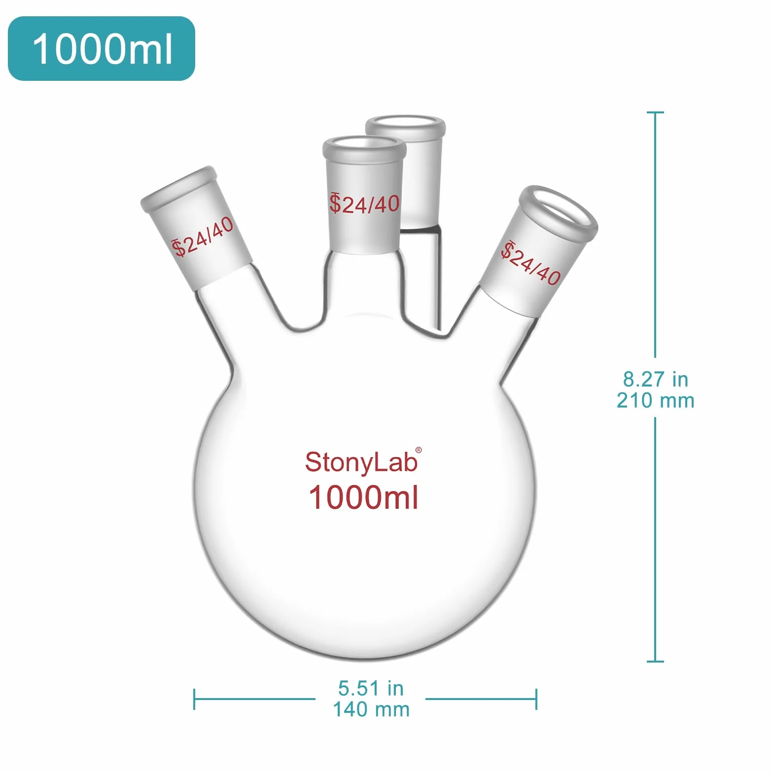 Butelka RBF z 4 szyjkami, okrągła podstawa, ciężka ścianka, szkło borokrzemowe, 1000 ml, standardowy stożek 24/40