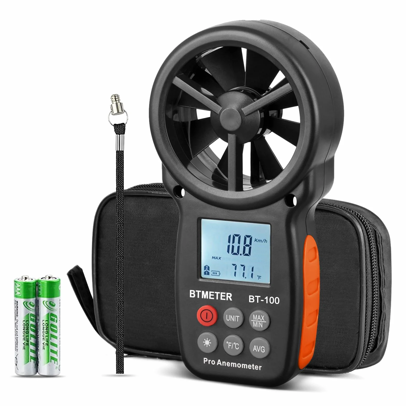 BTMETER BT-100 cyfrowy anemometr ręczny miernik prędkości wiatru CFM MAX/MIN/AVG podświetlenie LCD HVAC