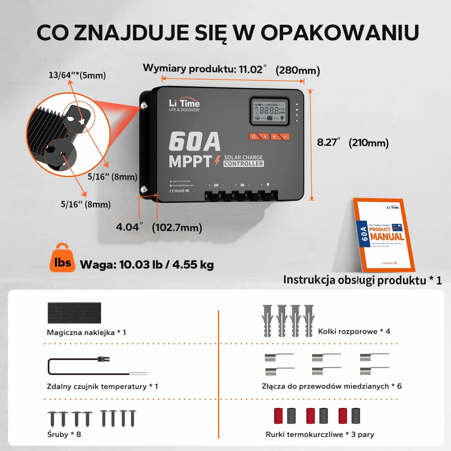 LiTime MPPT solarny regulator ładowania 60 A, 12 V/24 V/36 V/48 V, maks. 3200 W, adapter Bluetooth, regulowany wyświetlacz LCD, wyświetlacz LED do baterii litowej