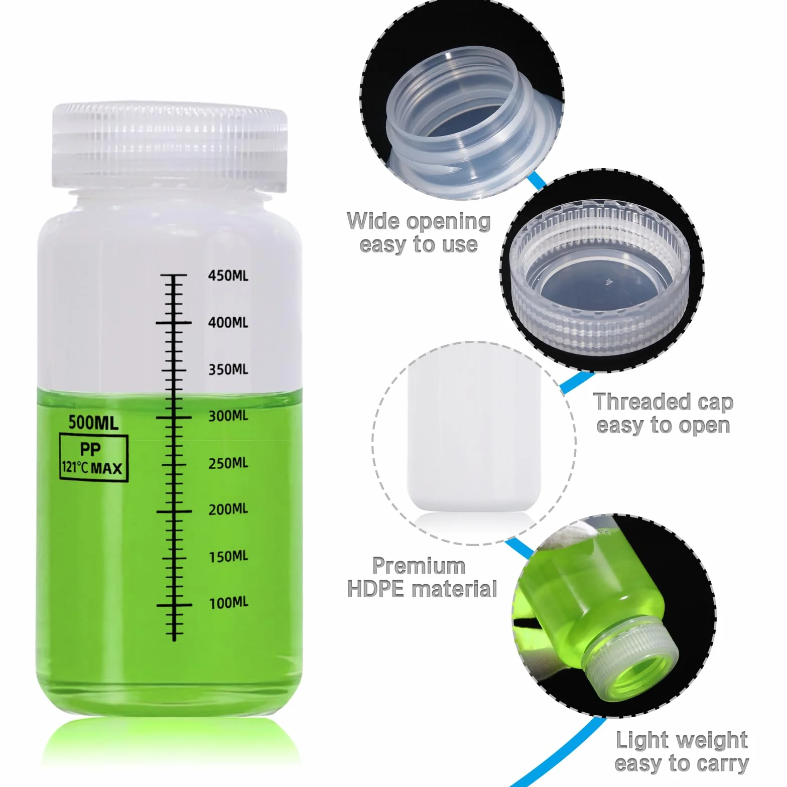 Butelki laboratoryjne HDPE 500 ml z szeroką szyjką, szczelne, plastikowe