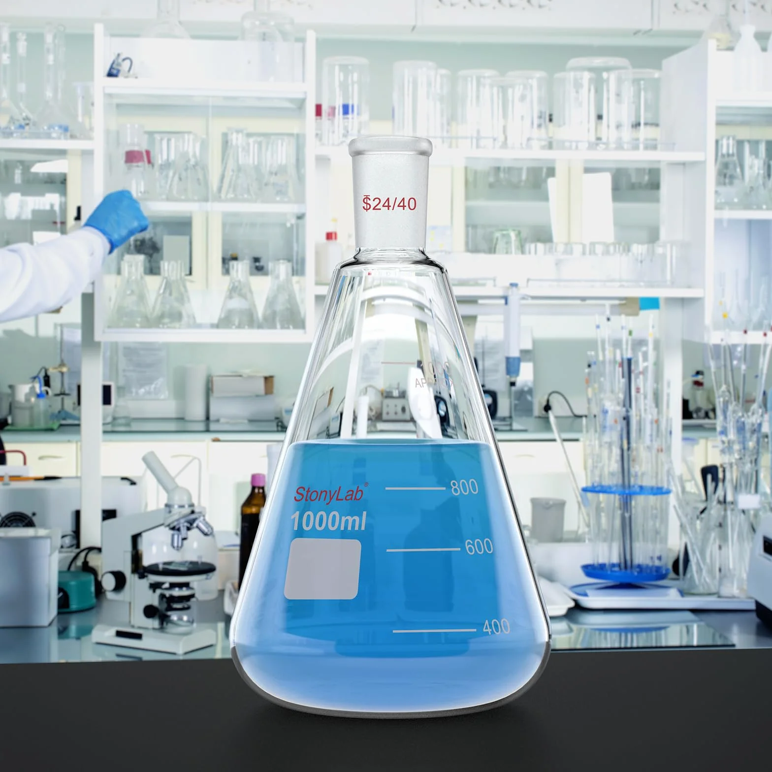 Matraz Erlenmeyer de Cristal 24/40 1L, Frasco de Laboratorio de Vidrio de Borosilicato con Junta Cónica