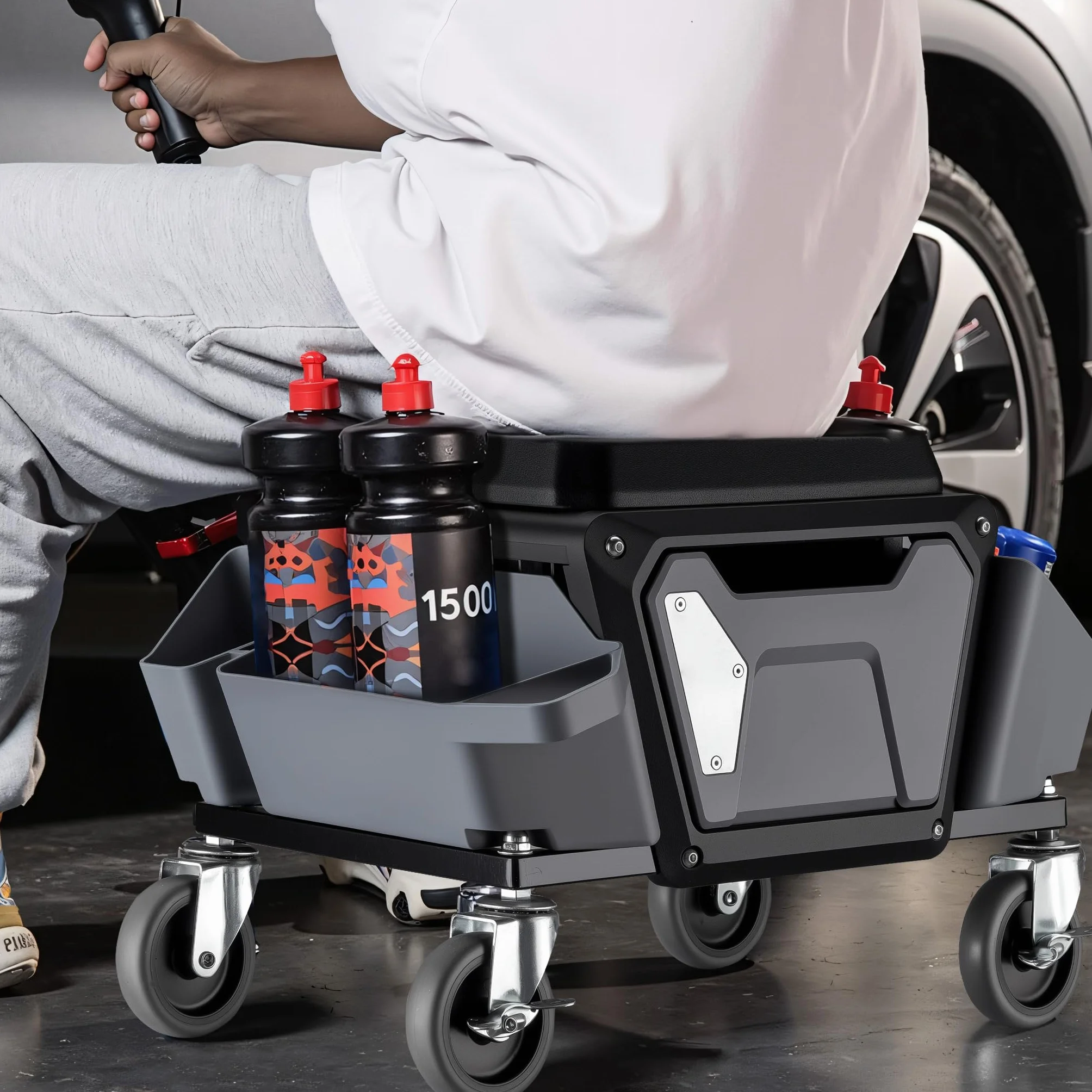 Wiltec Taboret warsztatowy do 120kg z dwoma pojemnikami i szufladą na narzędzia 53 x 38 x 38 cm do prac w warsztacie