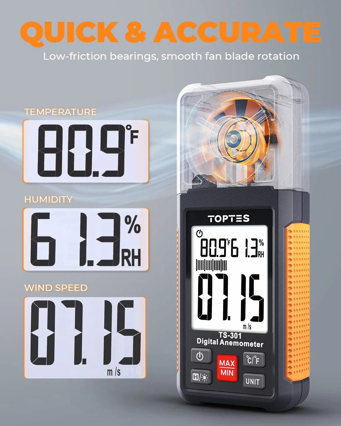 TopTes TS-301 cyfrowy miernik wiatru z ekranem LCD o przekątnej 2,26", ręczny anemometr, podświetlenie tła wiatru, precyzyjny pomiar prędkości wiatru, do żeglowania HVAC, surfowania, drona