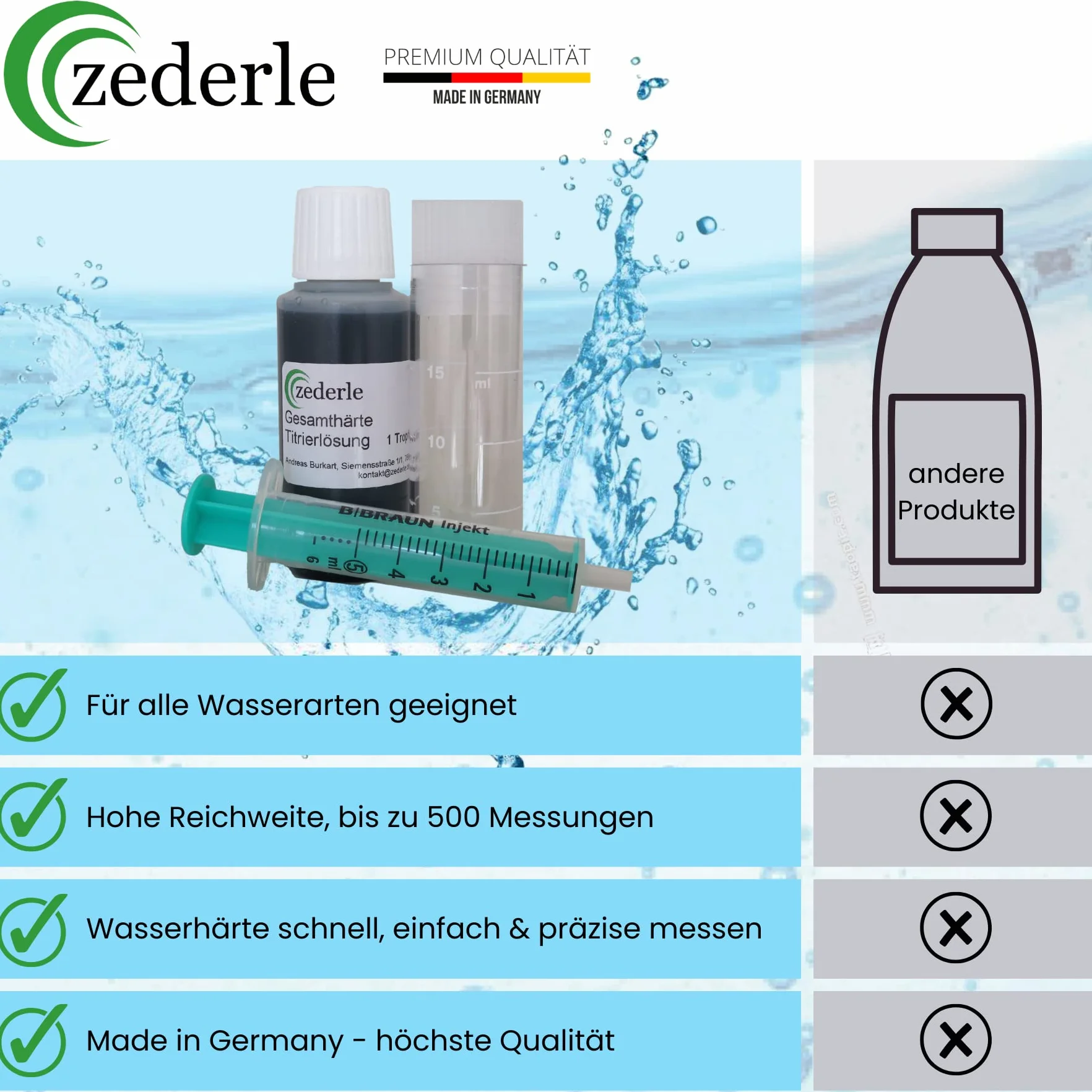 Zederle Zestaw do testowania twardości wody 30 ml 40-500 pomiarów Made in Germany