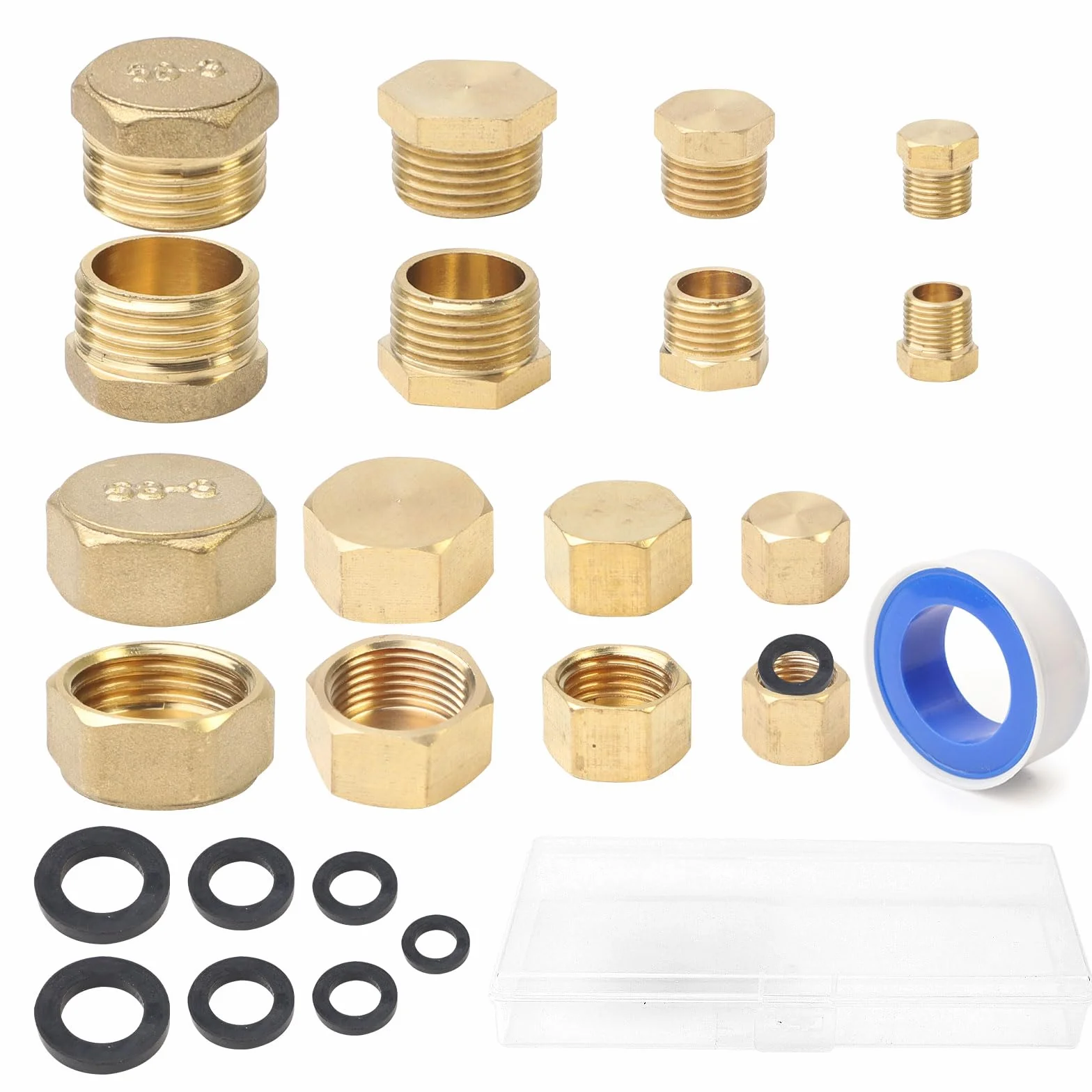 Mosiężna zaślepka zamykająca gwint zewnętrzny 1/8" 1/4" 3/8" 1/2" z uszczelkami 16 sztuk