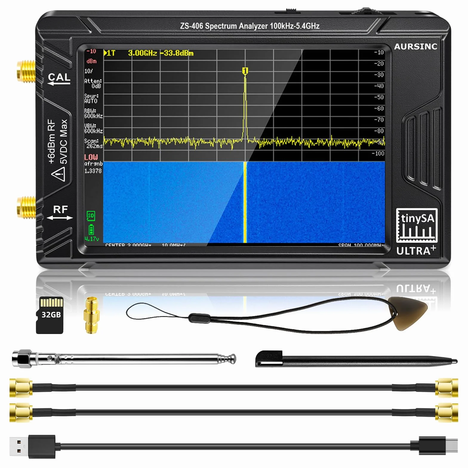 AURSINC TinySA Ultra+ ZS406 Analizator widma, 2025 Zaktualizowany HW V0.4.6 4.6 cala 100 kHz-5,4 GHz z kartą 32 Gb, generator sygnału 2 w 1 od 100 kHz do 900 MHz MF/HF/VHF/UHF Wejście