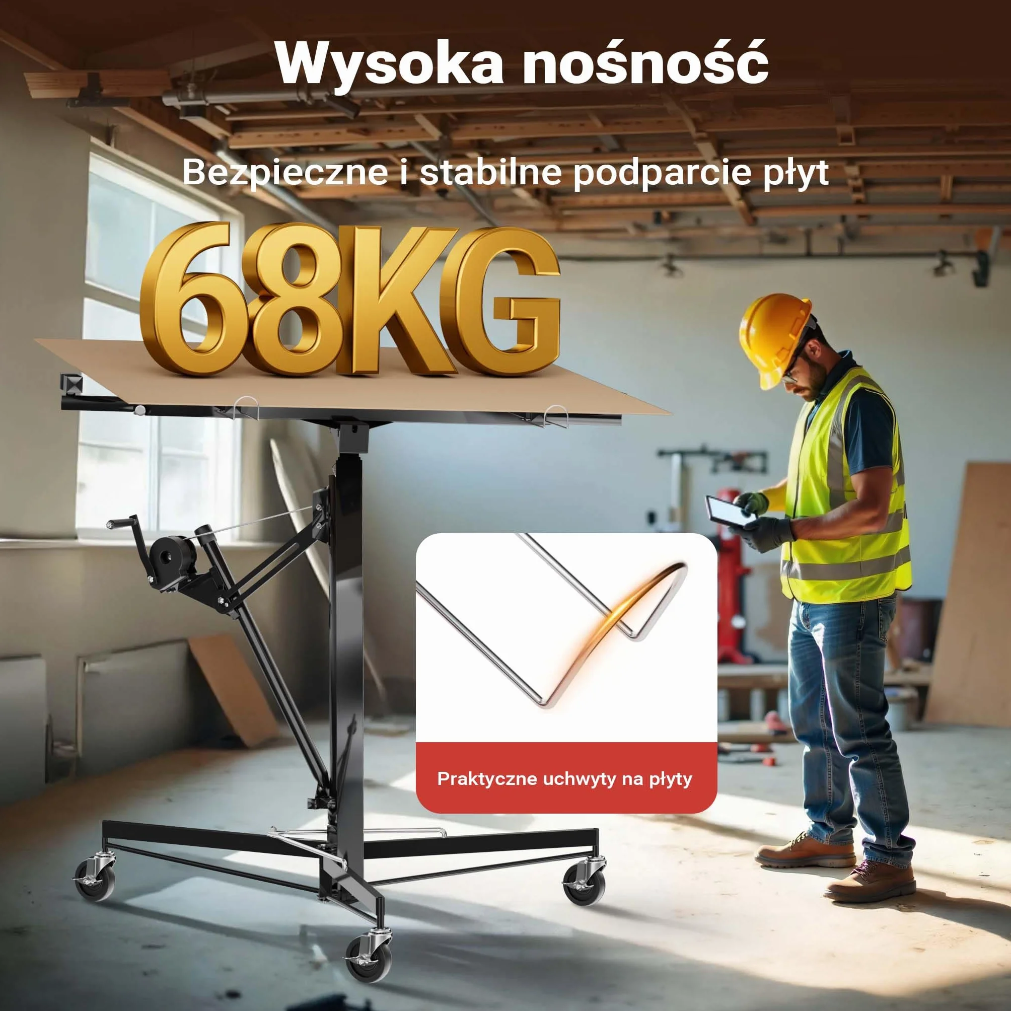 Wiltec Zestaw XXL podnośnik do płyt do maks. 68 kg + 140 cm przedłużenia, wysokość 140-465 cm, maks. szerokość 2,90 m, pomoc w montażu do suchej zabudowy, podnośnik paneli z 3 kółkami, czarny