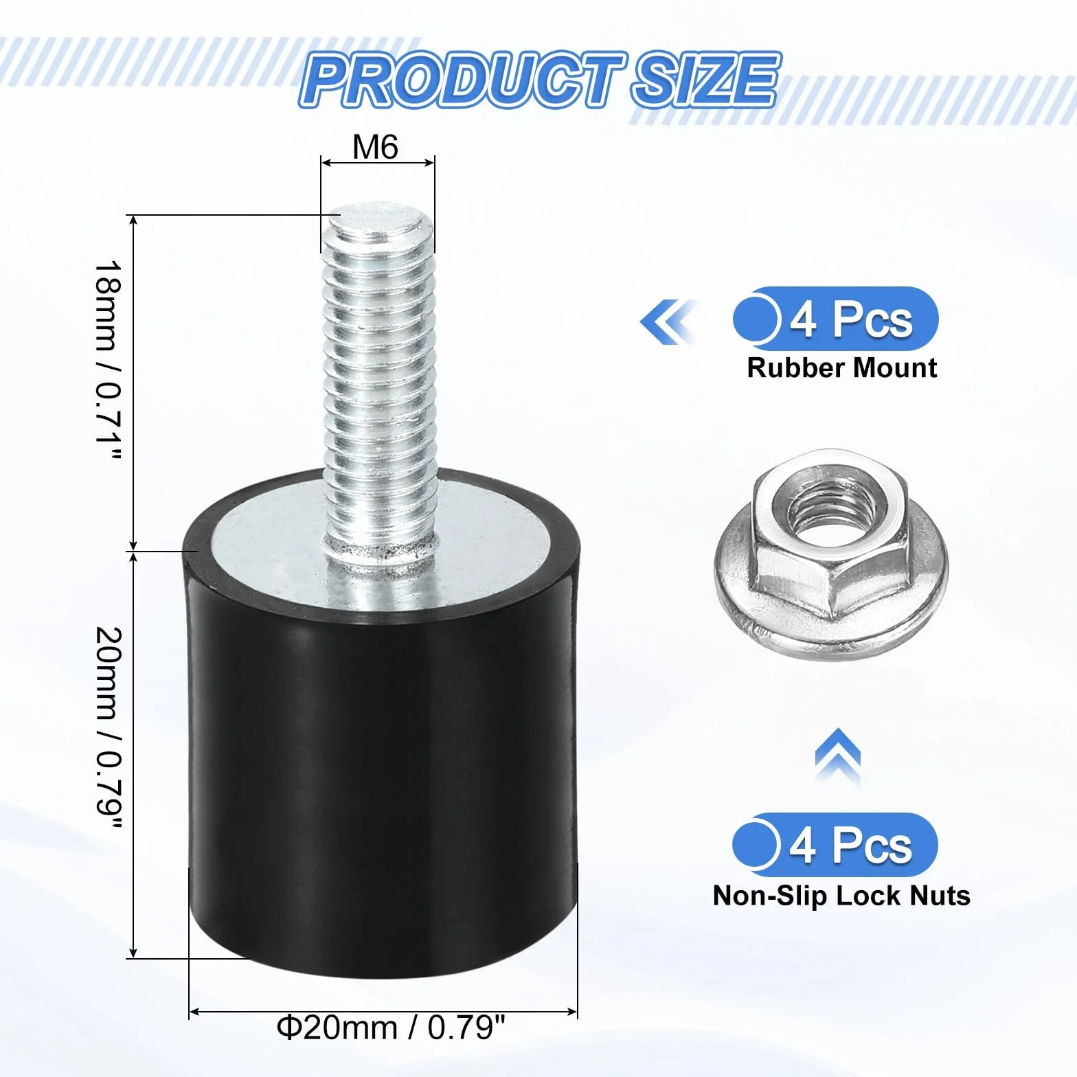 QUARKZMAN 4 szt. Gumowe wsporniki M6, izolatory wibracyjne, amortyzatory cylindryczne z kołkami 20 x 20 mm z nakrętkami antypoślizgowymi
