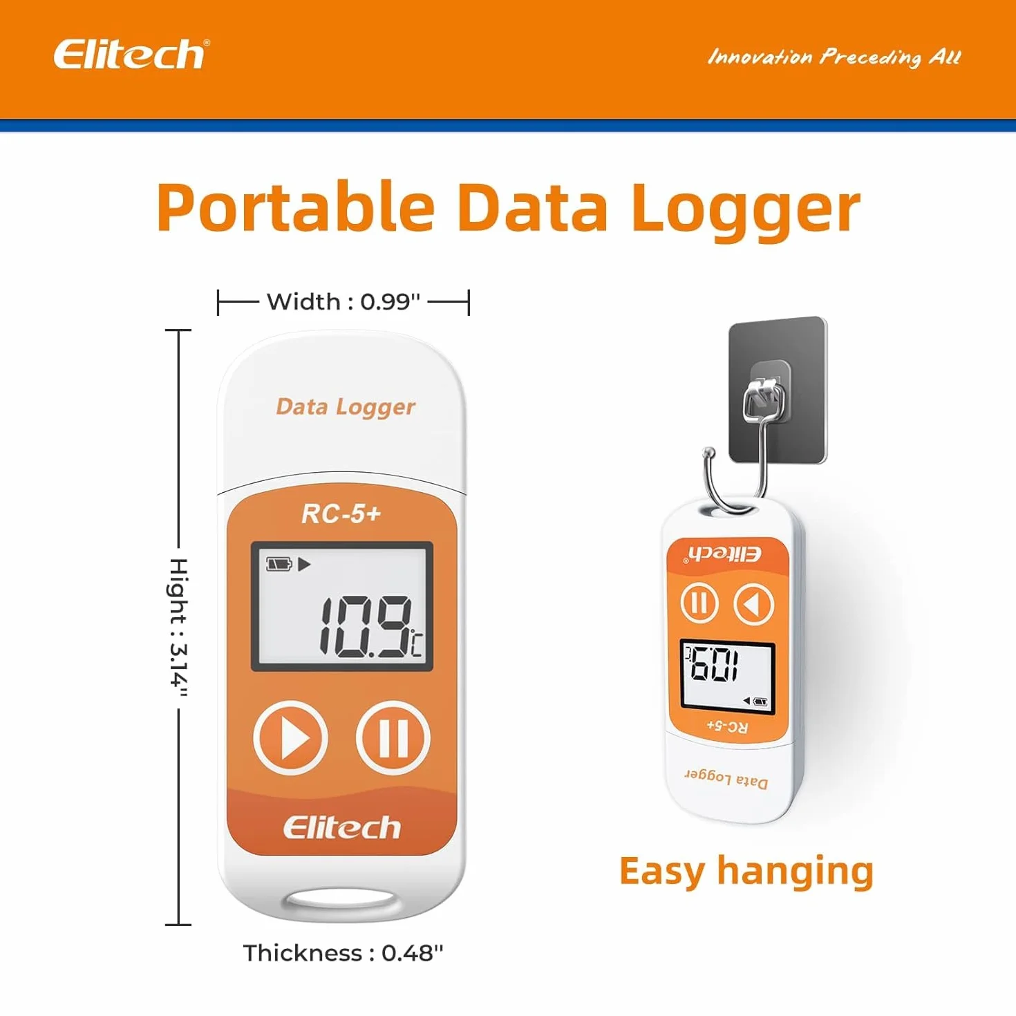 Elitech Rejestrator temperatury RC-5 +, rejestrator temperatury USB z automatycznym raportem PDF i CSV, wyświetlacz LCD rejestrator temperatury 32000 punktów do łańcucha chłodniczego