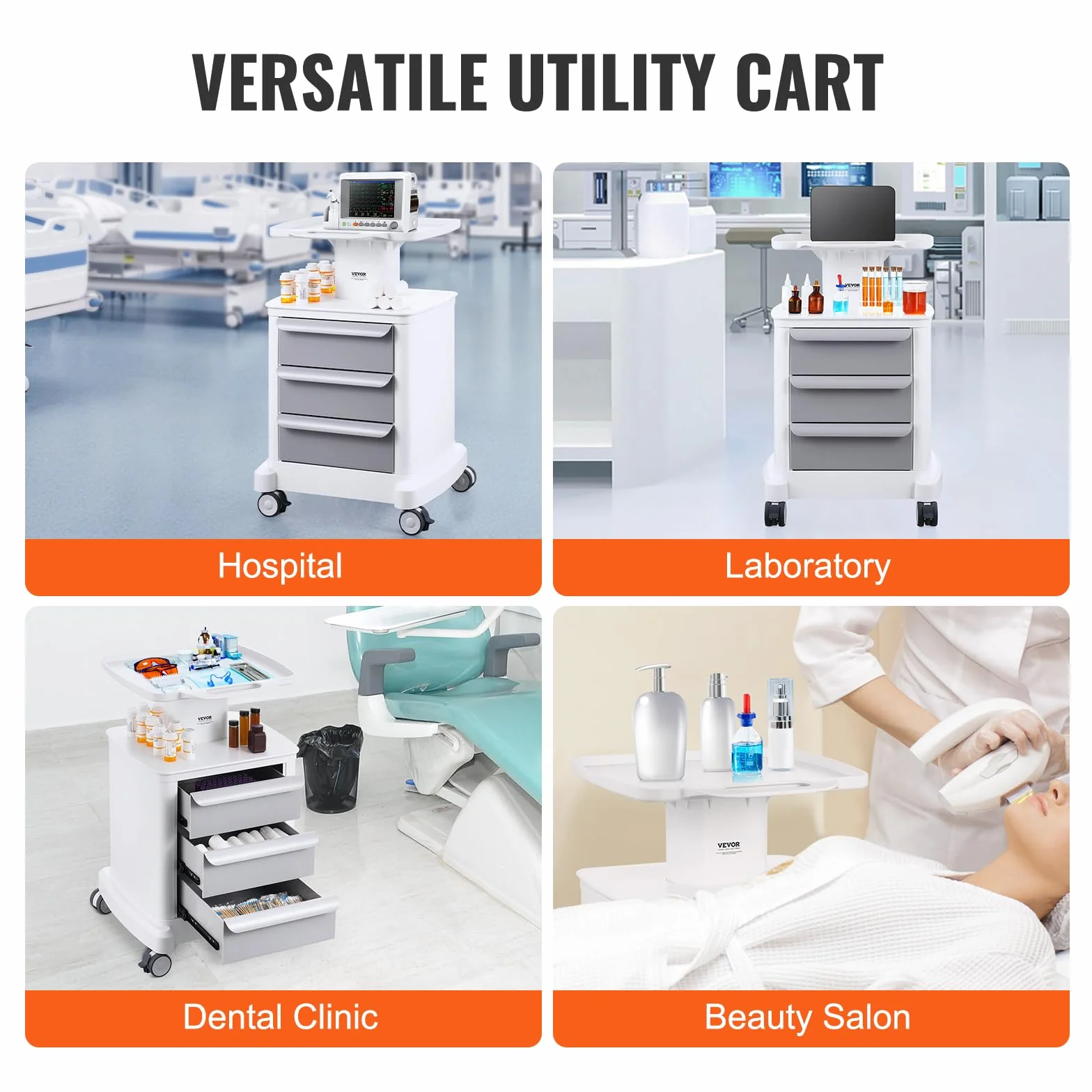 VEVOR Wózek laboratoryjny z 4 poziomami, mobilny wózek medyczny z 3 szufladami i 1 górną półką, wózek pielęgnacyjny z materiałem ABS, 4 ciche koła, do laboratorium, kliniki, szpitala, salonu